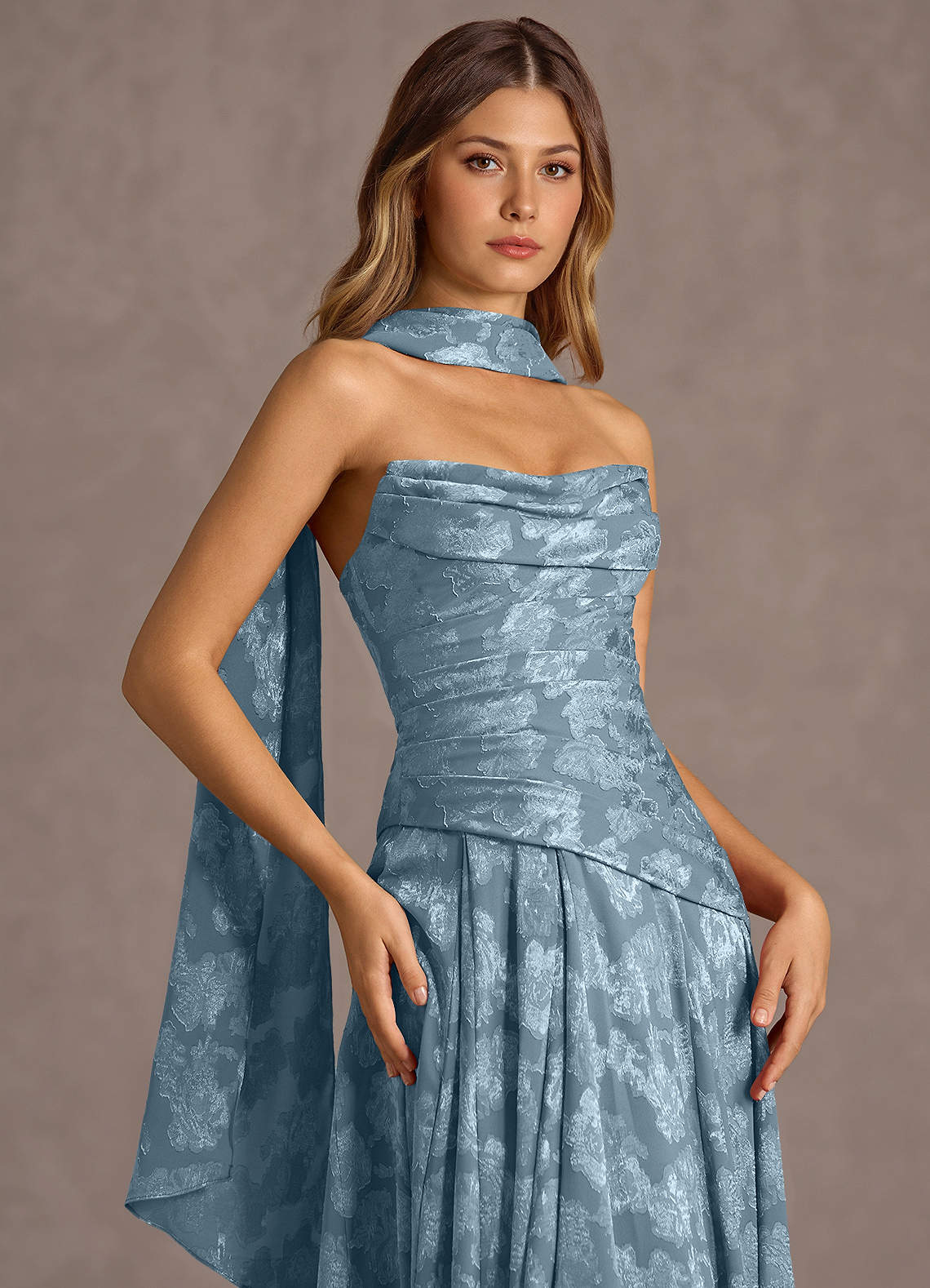 Gabriela A-Line Corset Fil Coupé Wedding Guest Dress in Dusty Blue