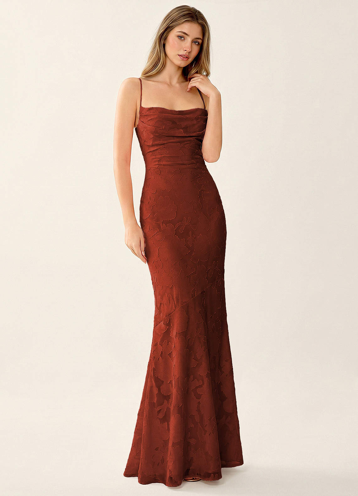 Natasha Mermaid Spaghetti-Strap Floral Burnout Evening Dress in Burgundy