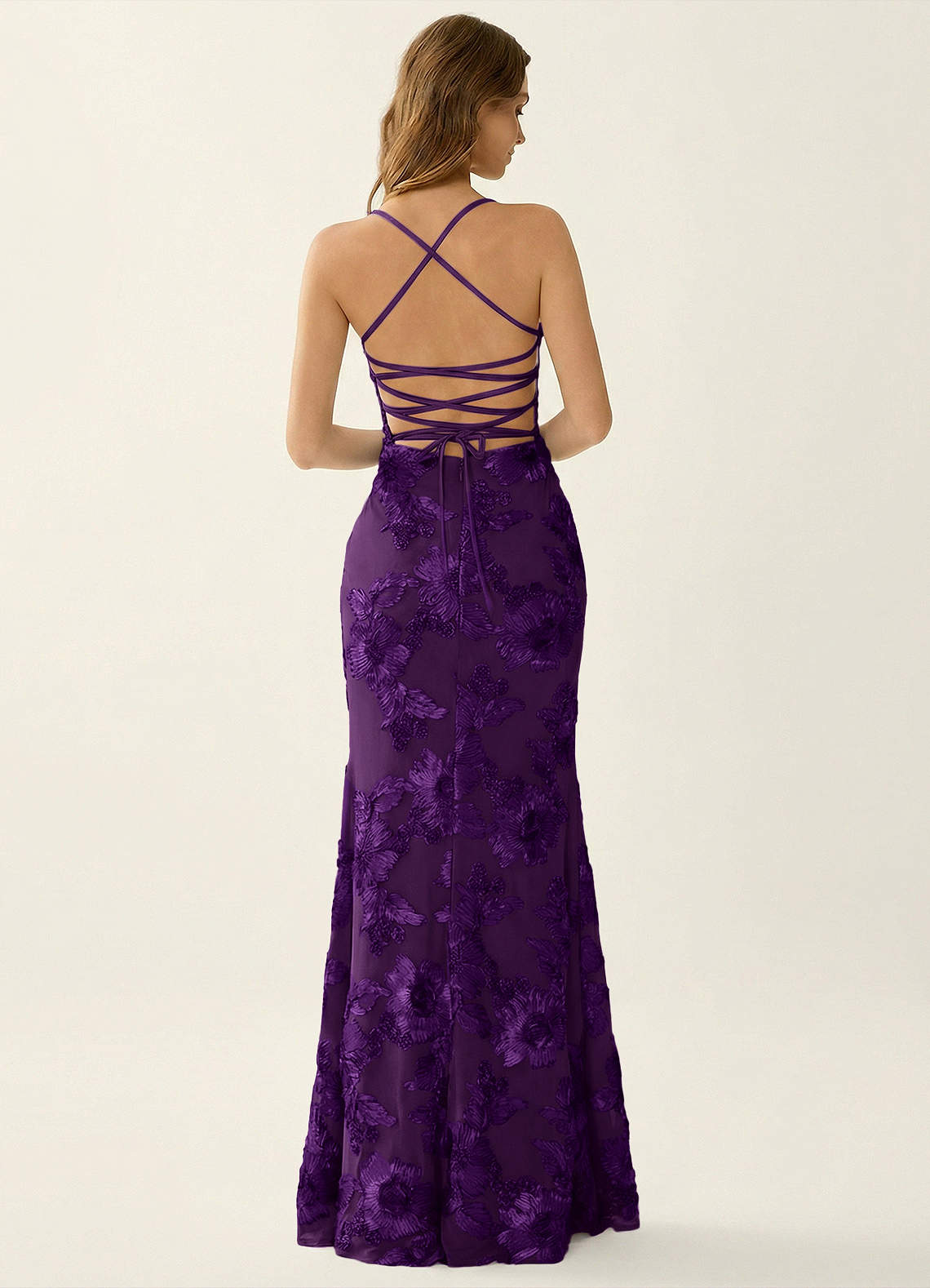Kailani Mermaid Spaghetti-Strap Lace Evening Dress in Plum