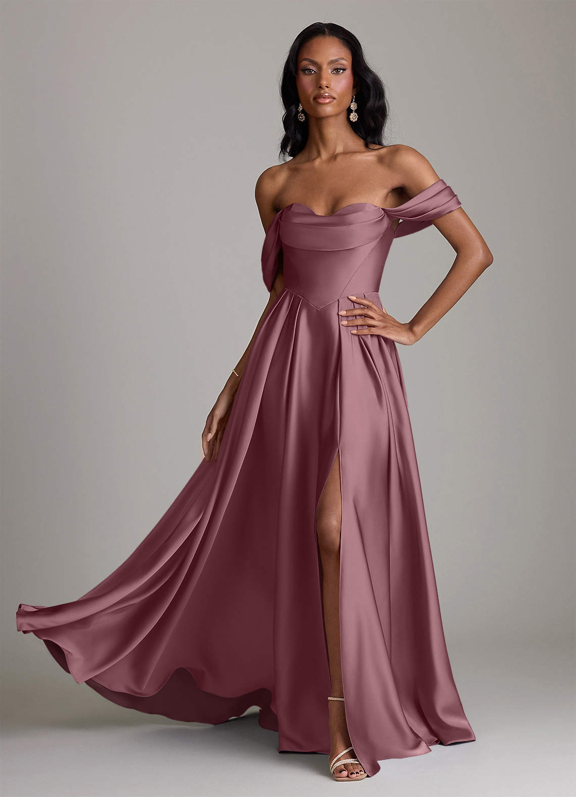 Loisa A-Line Off-the-Shoulder Stretch Satin Bridesmaid Dress in Amethyst