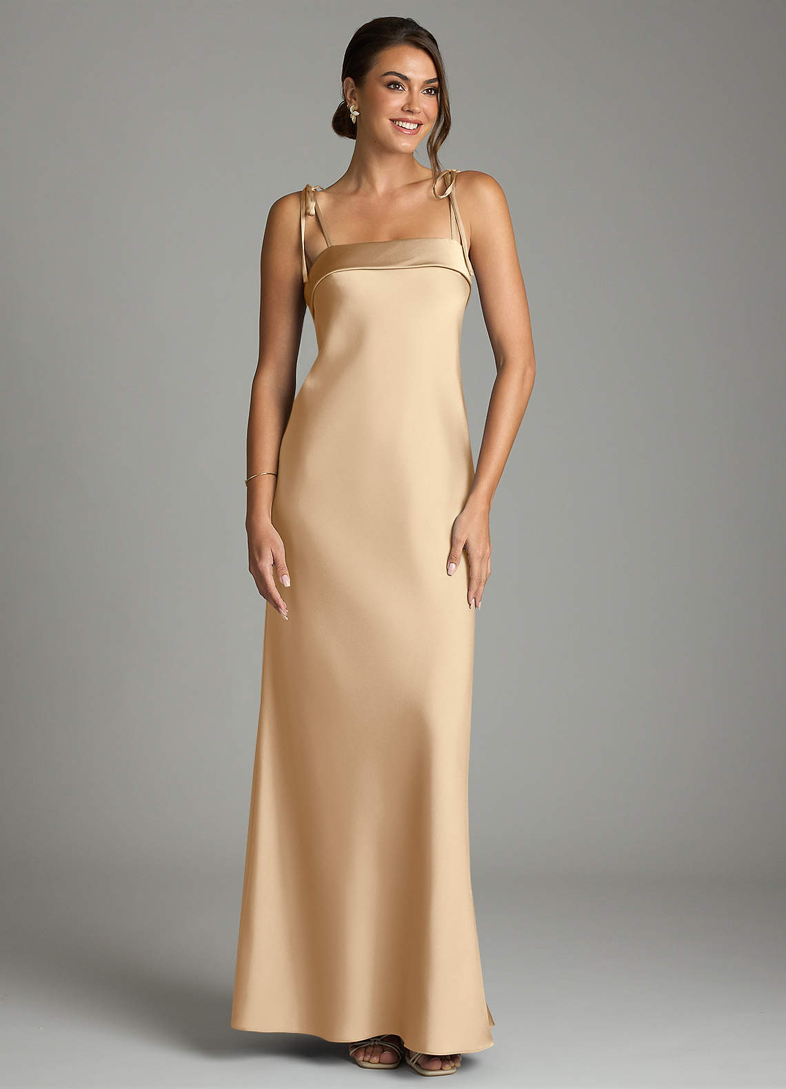 Ellia Sheath Straight-Neck Stretch Satin Bridesmaid Dress in Champagne