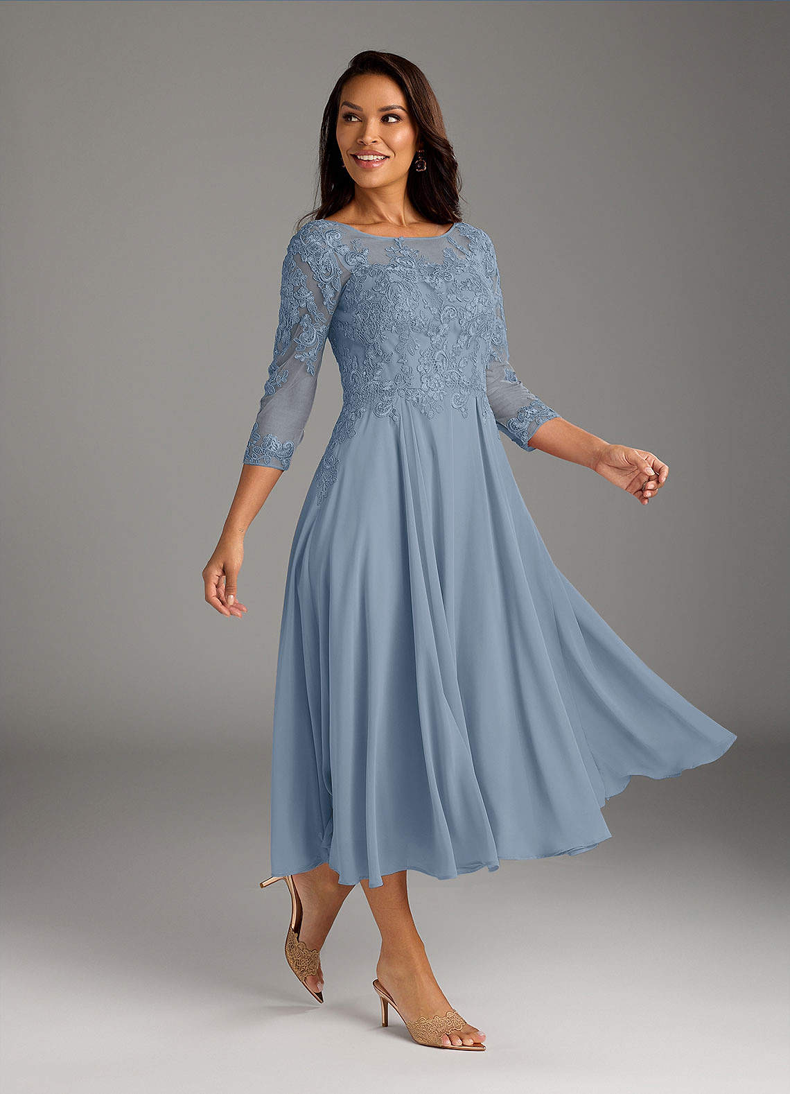 Marge A-Line Scoop-Neck Chiffon and Lace Mother of the Bride Dress in dusty blue