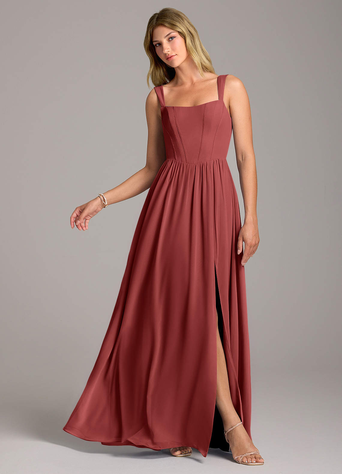 Rosaline A-Line Square-Neck Chiffon Bridesmaid Dress in Terracotta