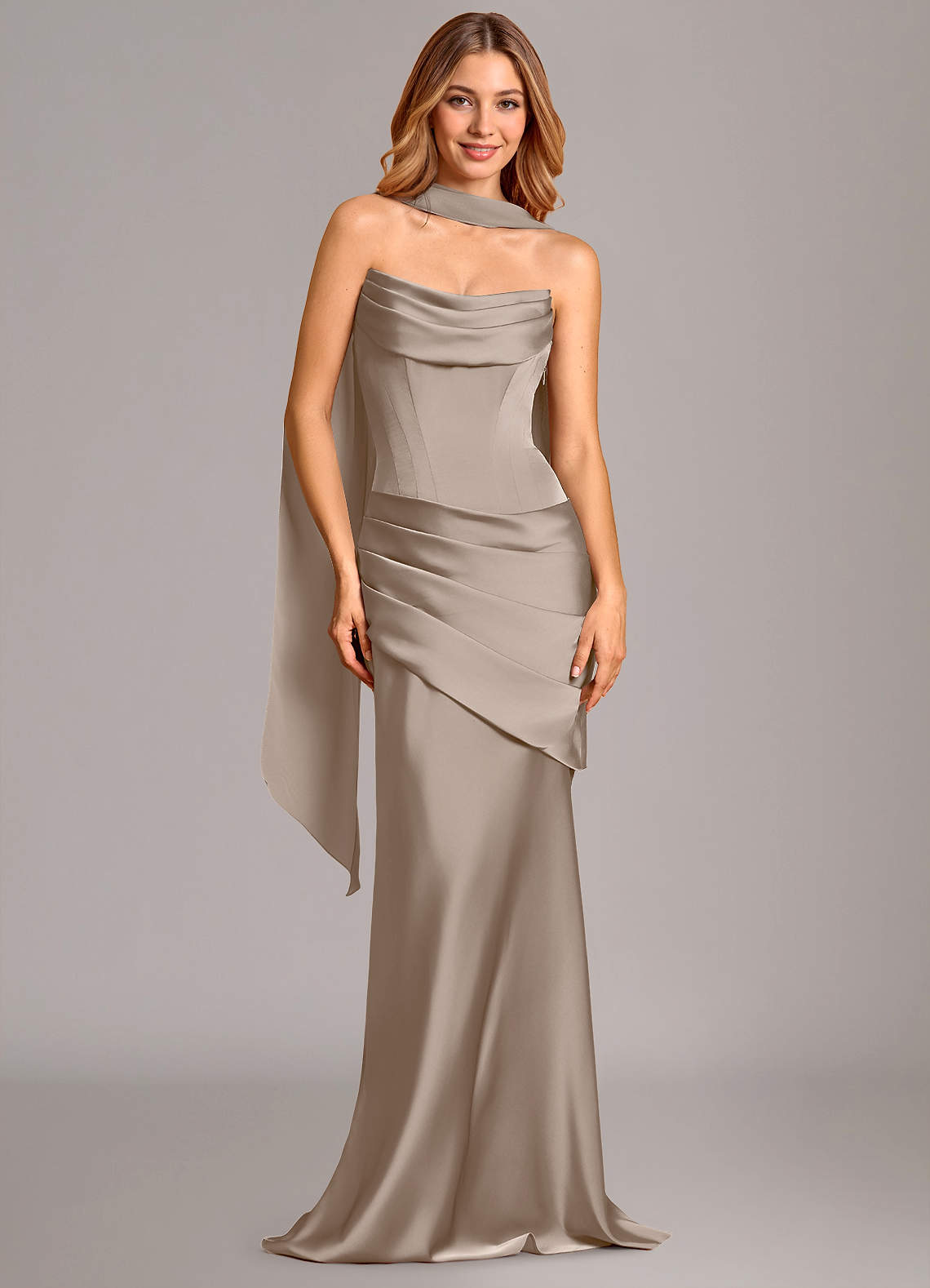 Pelagia Mermaid Cowl-Neck Stretch Satin Bridesmaid Dress in Taupe