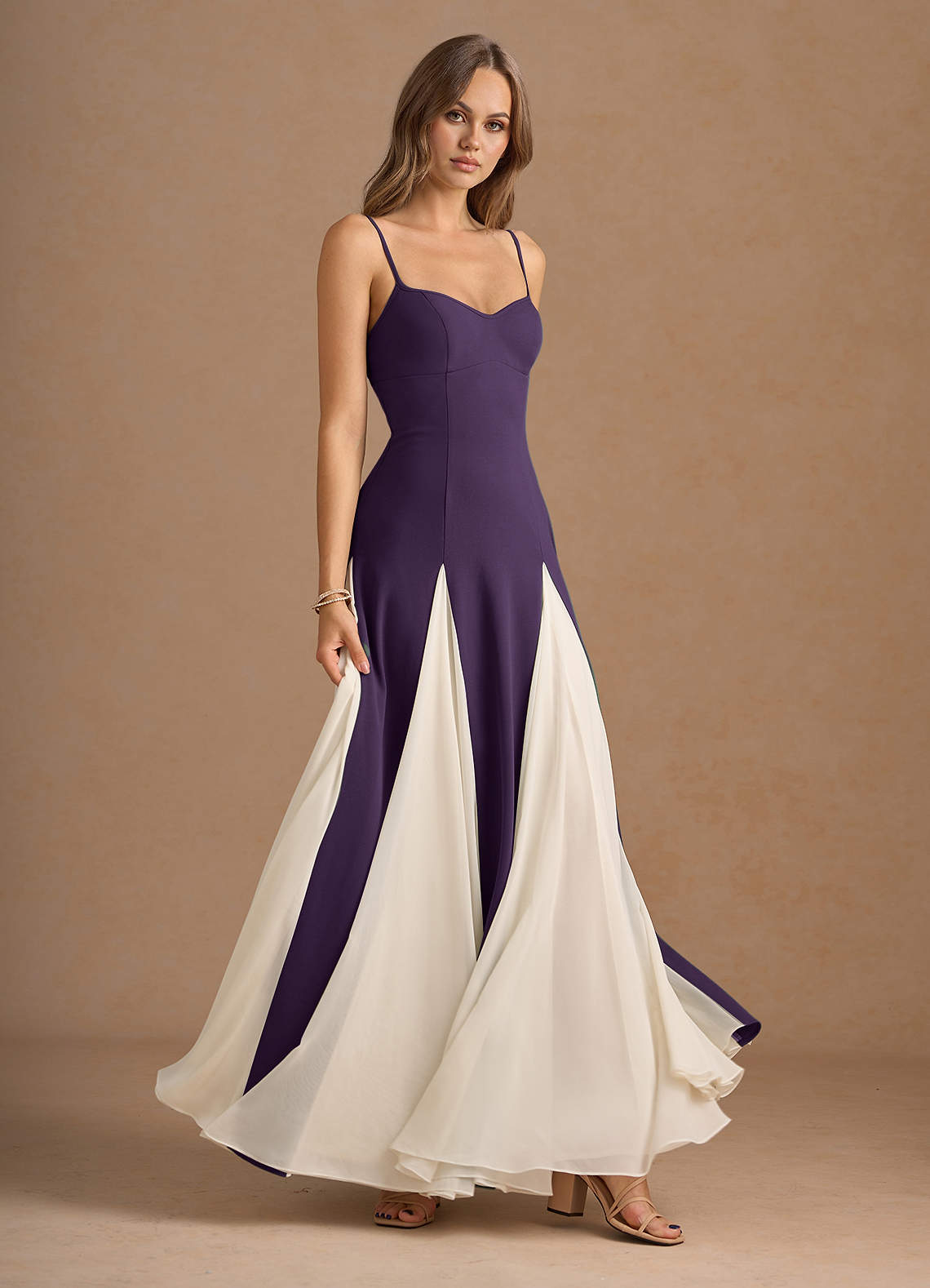 Jessenia A-Line Color-Block Crepe Chiffon Wedding Guest Dress in Dark Purple