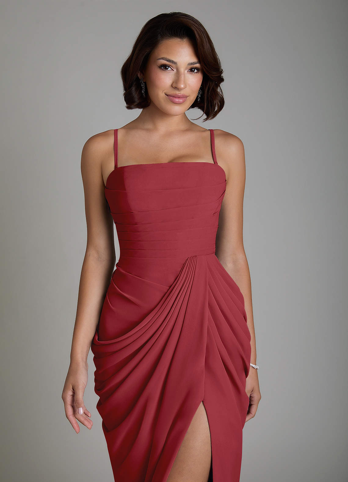 Nyra Sheath Strapless Chiffon Bridesmaid Dress in Pomegranate