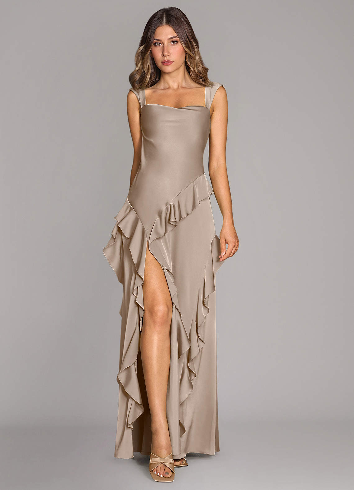 Sloane A-Line Sweetheart Stretch Satin Bridesmaid Dress in Taupe