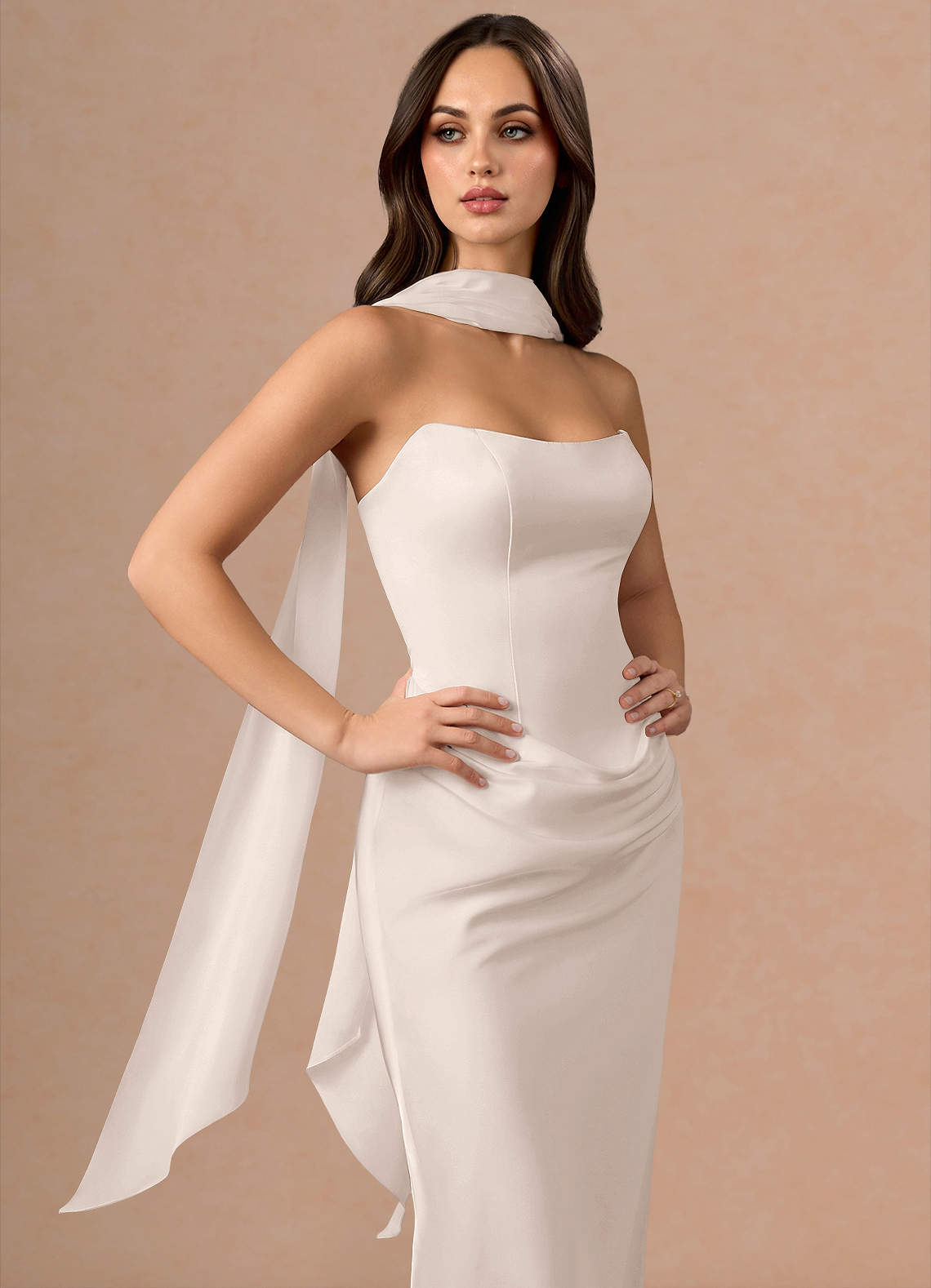 Valencia Scarf Lace-Up Stretch Satin Evening Dress in Cream
