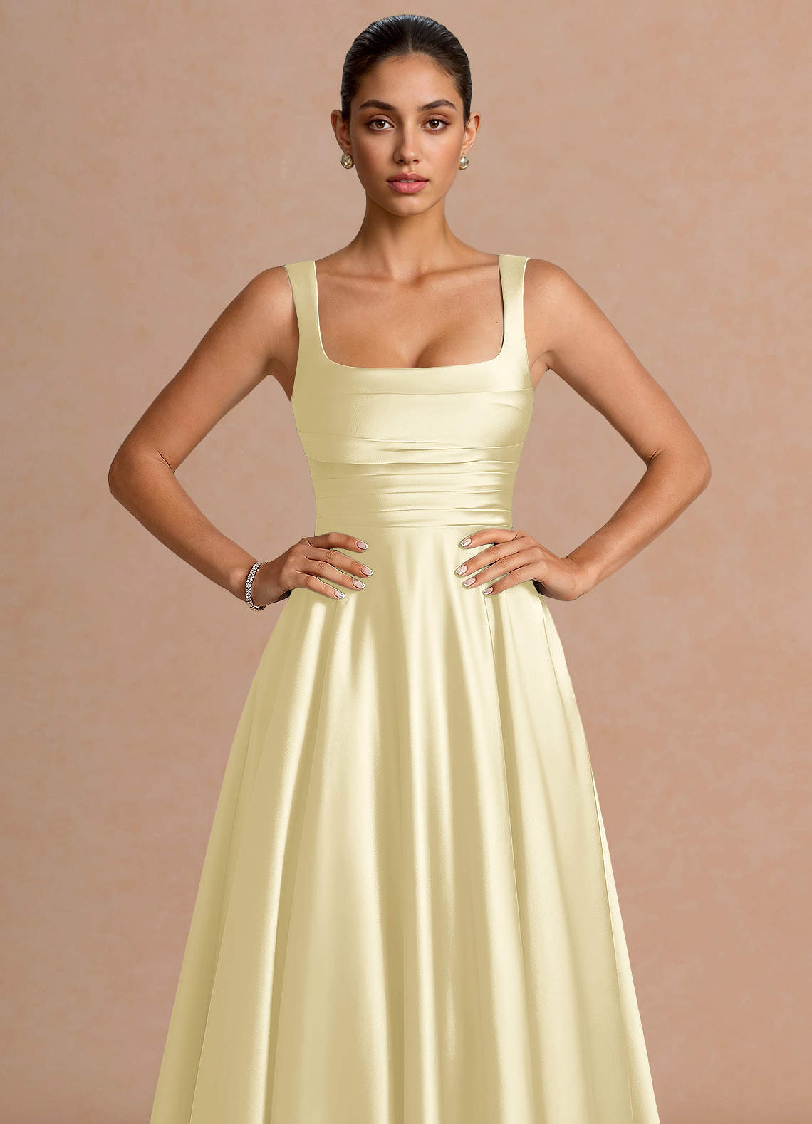 Azaria A-Line Square-Neck Stretch Satin Wedding Guest Dress in Butter Yellow