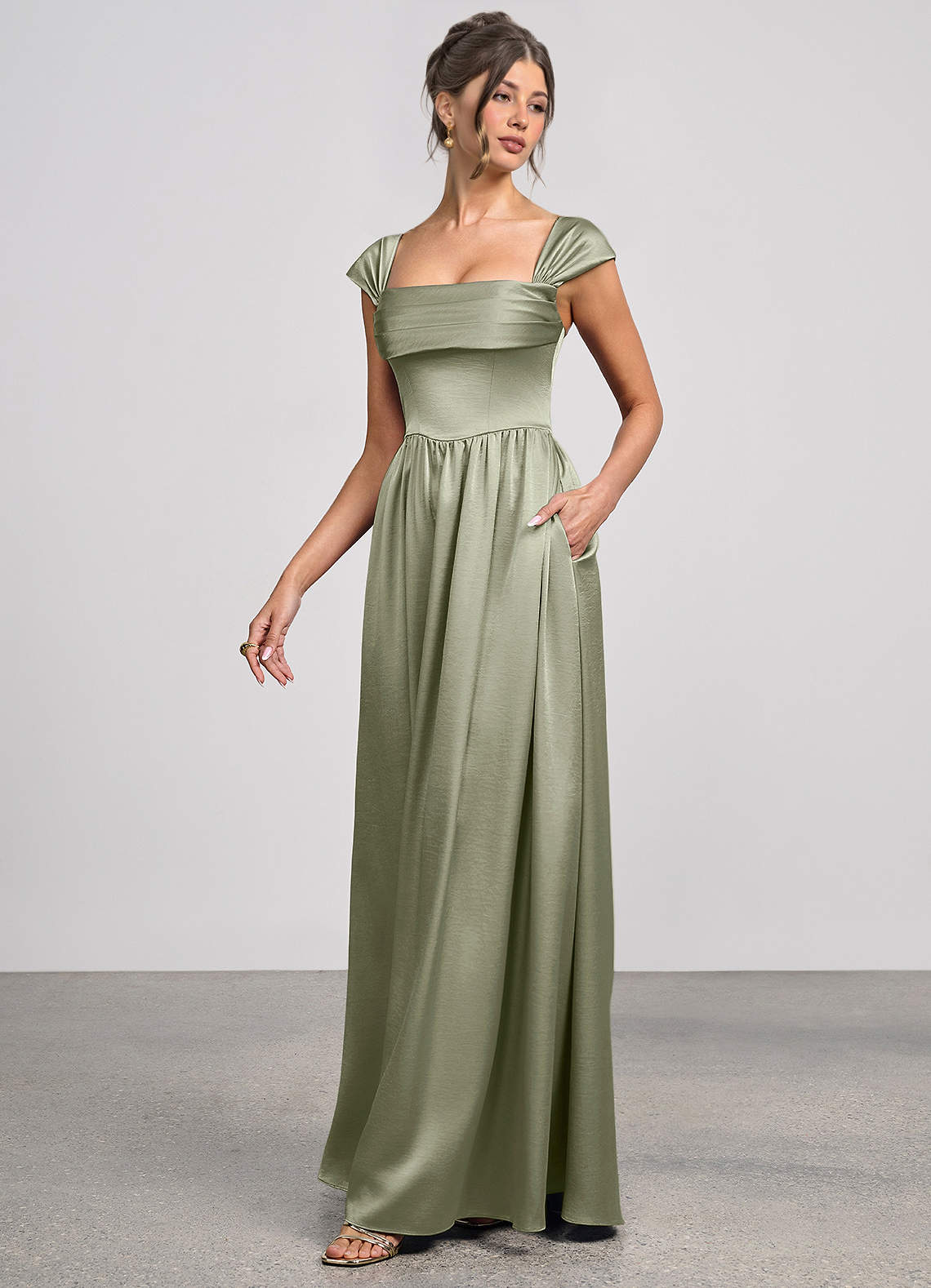 Odette A-Line Corset Luminous Satin Evening Dress in Dusty Sage