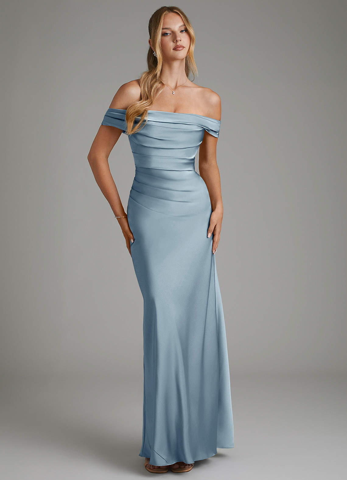 Hayden Mermaid Off-the-Shoulder Stretch Satin Bridesmaid Dress in dusty blue