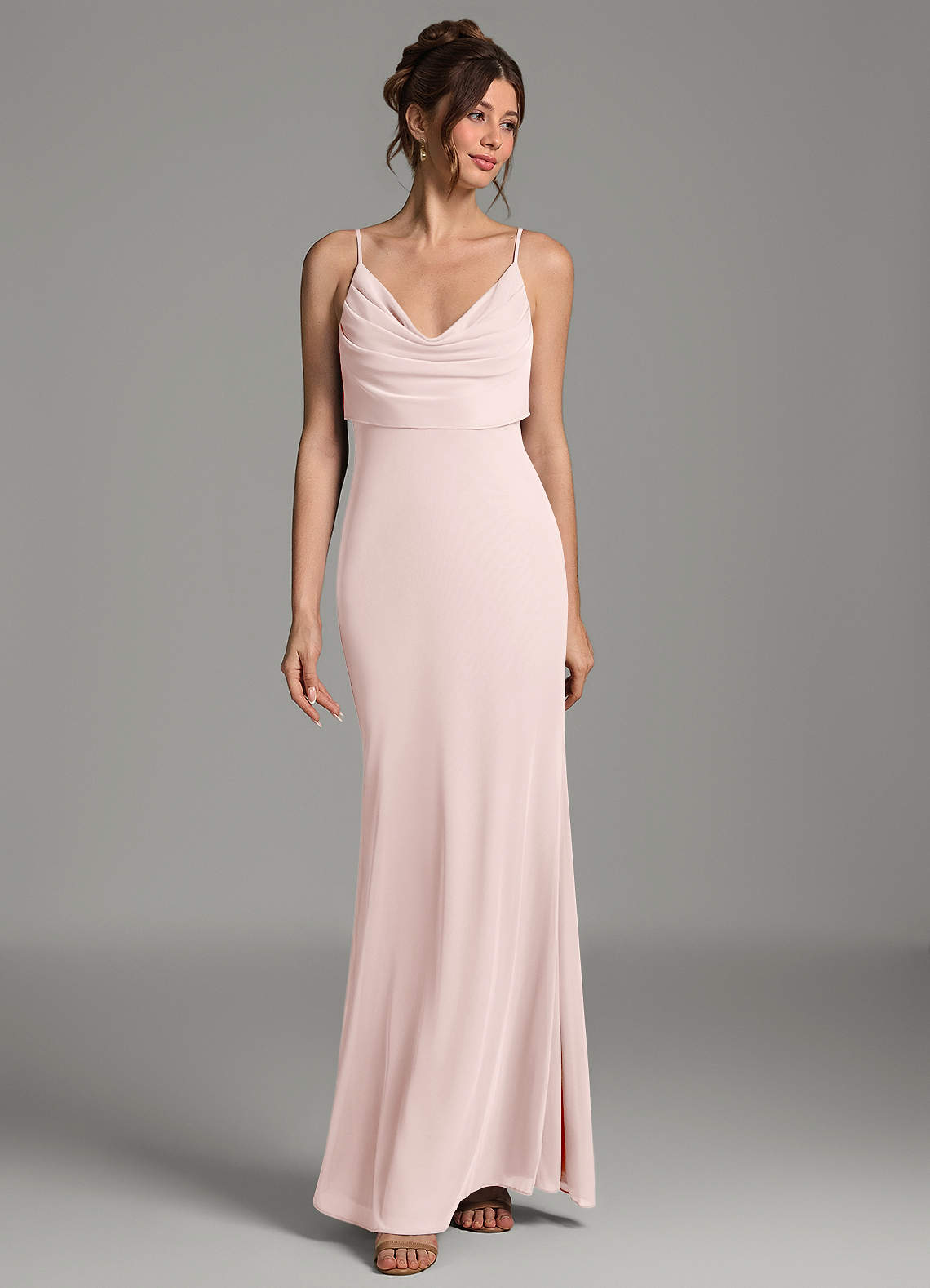 Zari Mermaid Cowl-Neck Mesh Bridesmaid Dress in Blushing Pink