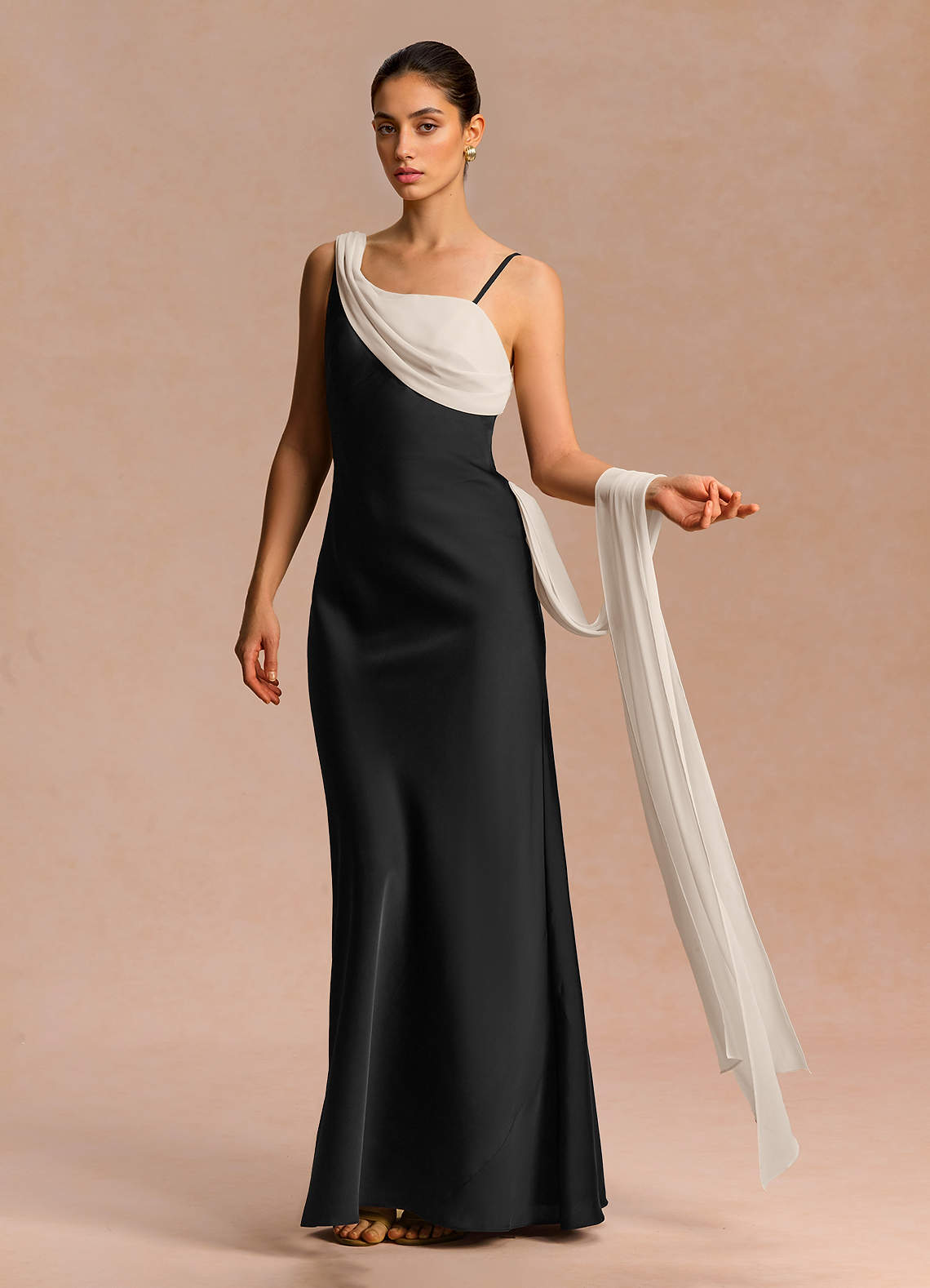 Ixchel A-Line Corset Crepe Chiffon Evening Dress in Black