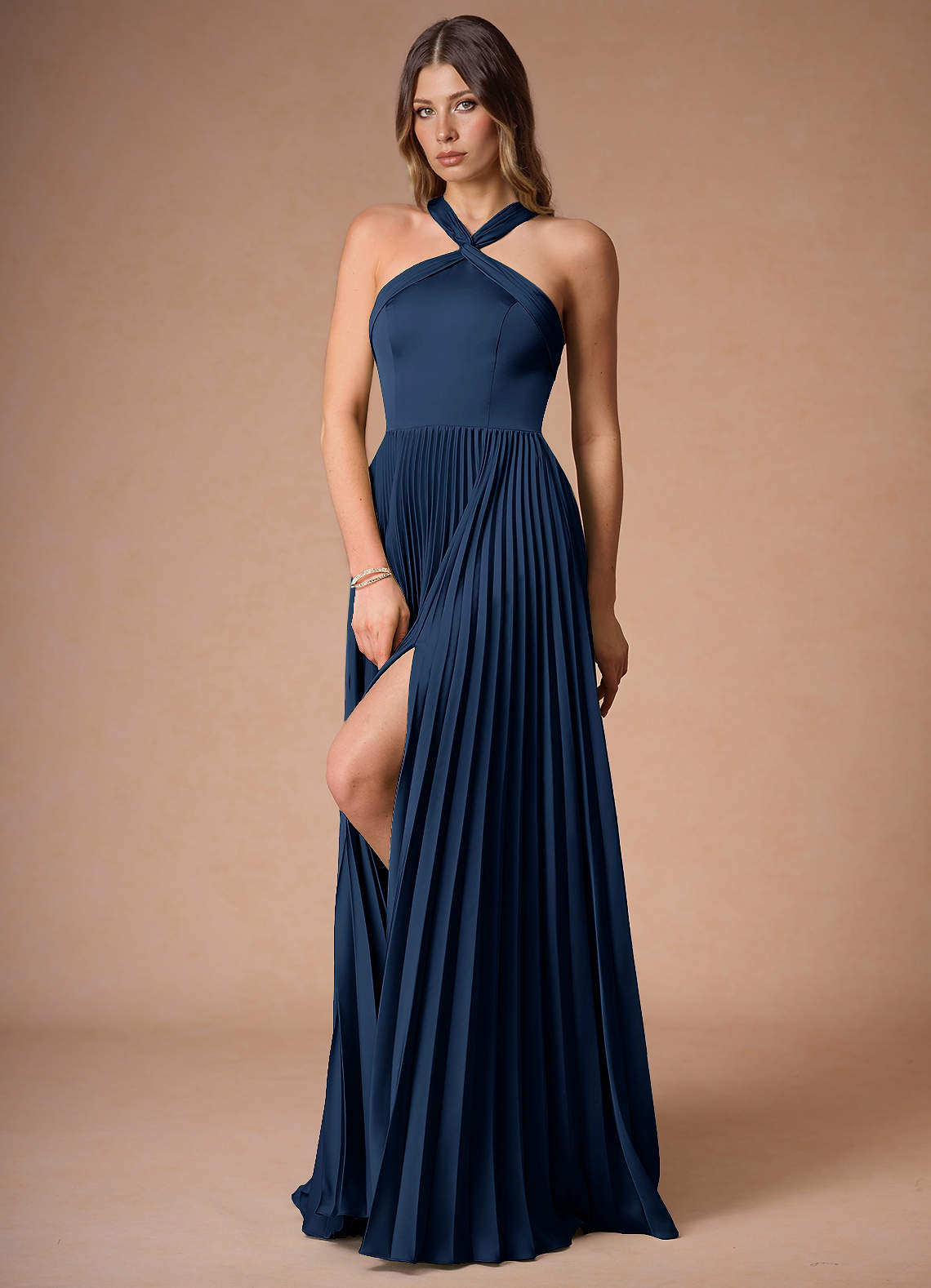Afra A-Line Pleated Stretch Satin Wedding Guest Dress in Navy