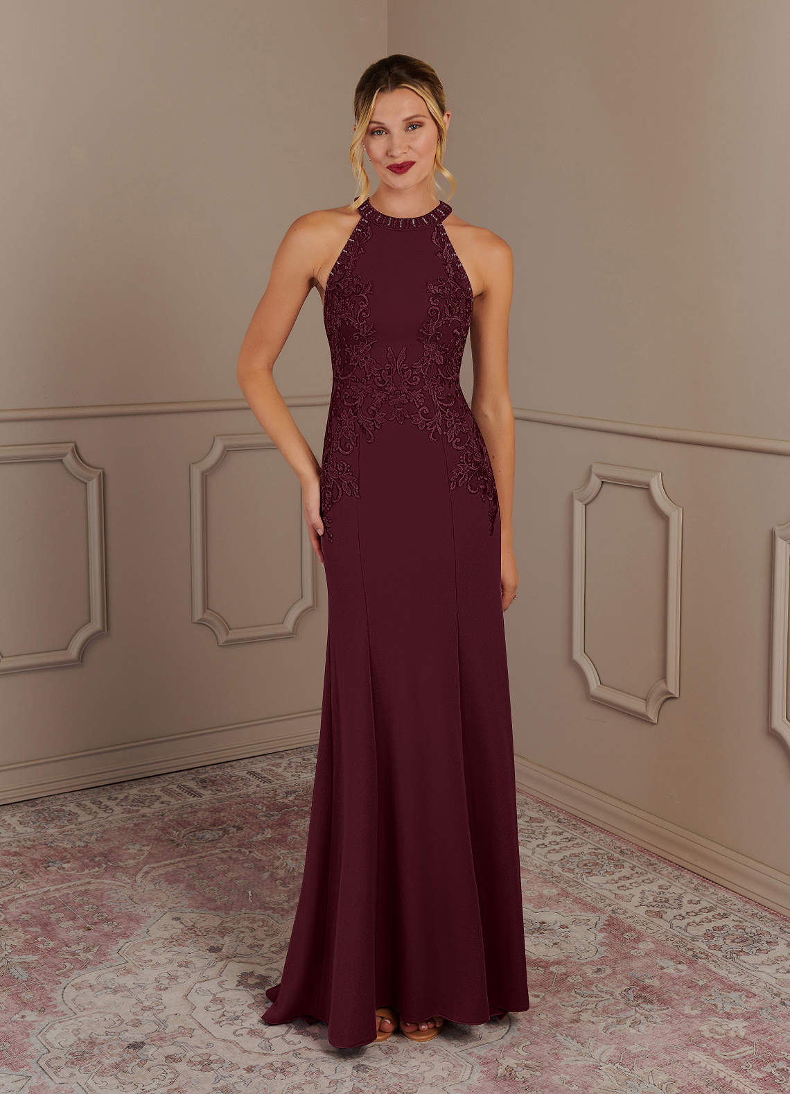 Tyra Mermaid Halter Tulle and Stretch Crepe Mother of the Bride Dress in Cabernet