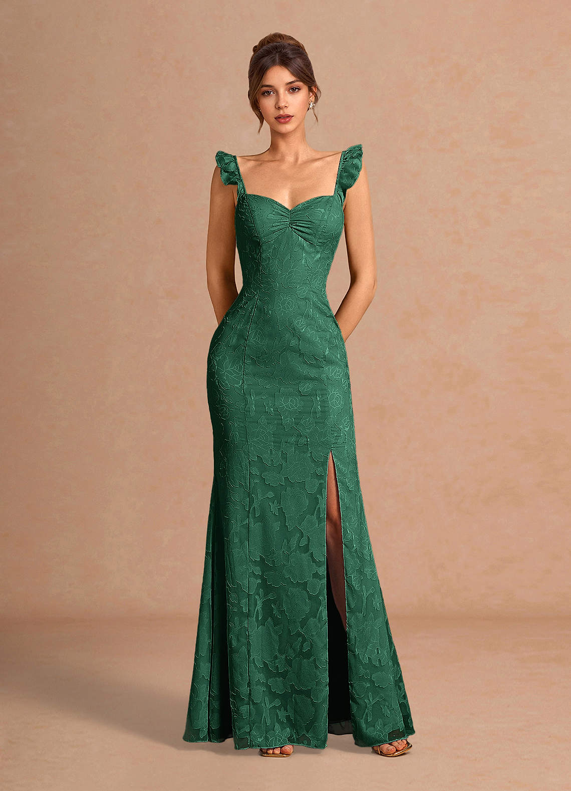 Romilly Mermaid Ruffled Chiffon Burnout Evening Dress in Emerald Green