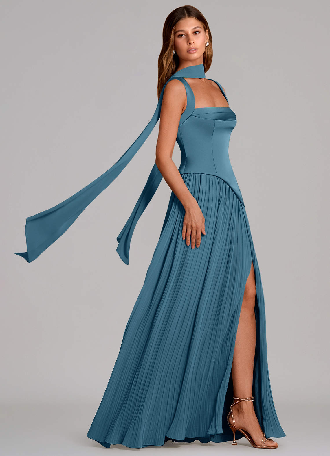 Stephanie A-Line Square-Neck Stretch Satin and Chiffon Bridesmaid Dress in Bermuda