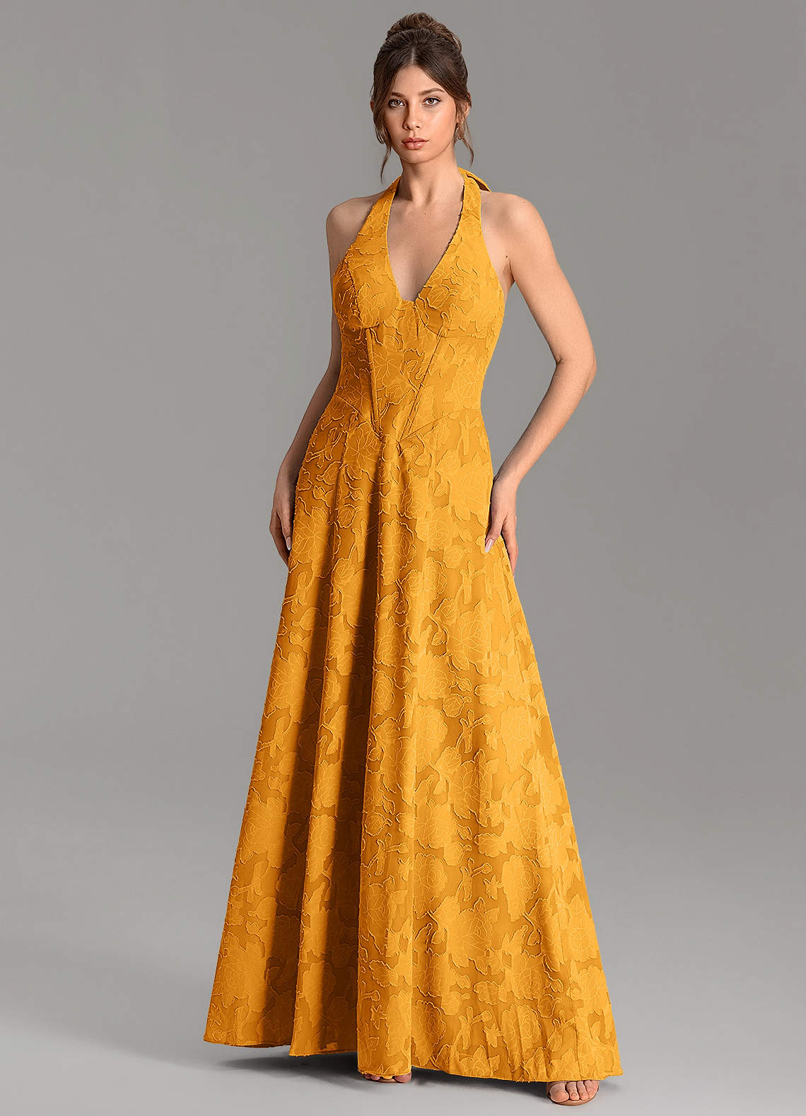 Nia A-Line V-Neck Floral Burnout Bridesmaid Dress in butterscotch
