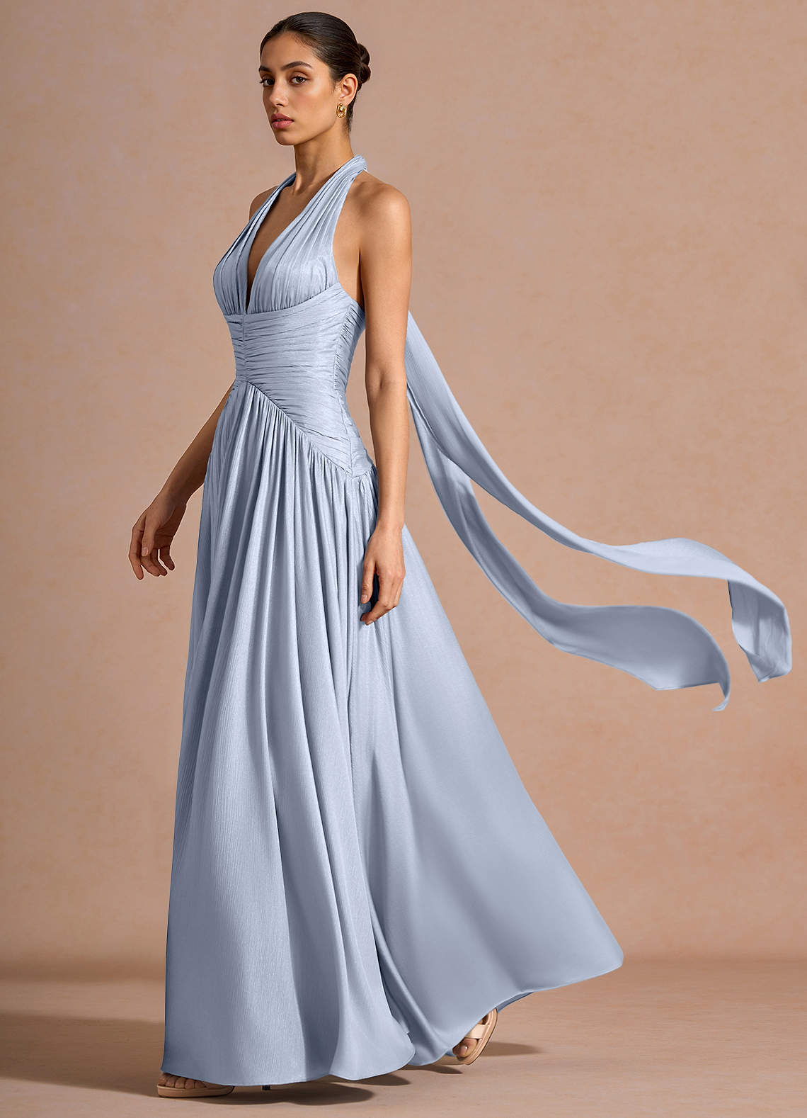 Hecate A-Line Halter Satin-Faced Chiffon Evening Dress in Sky Blue
