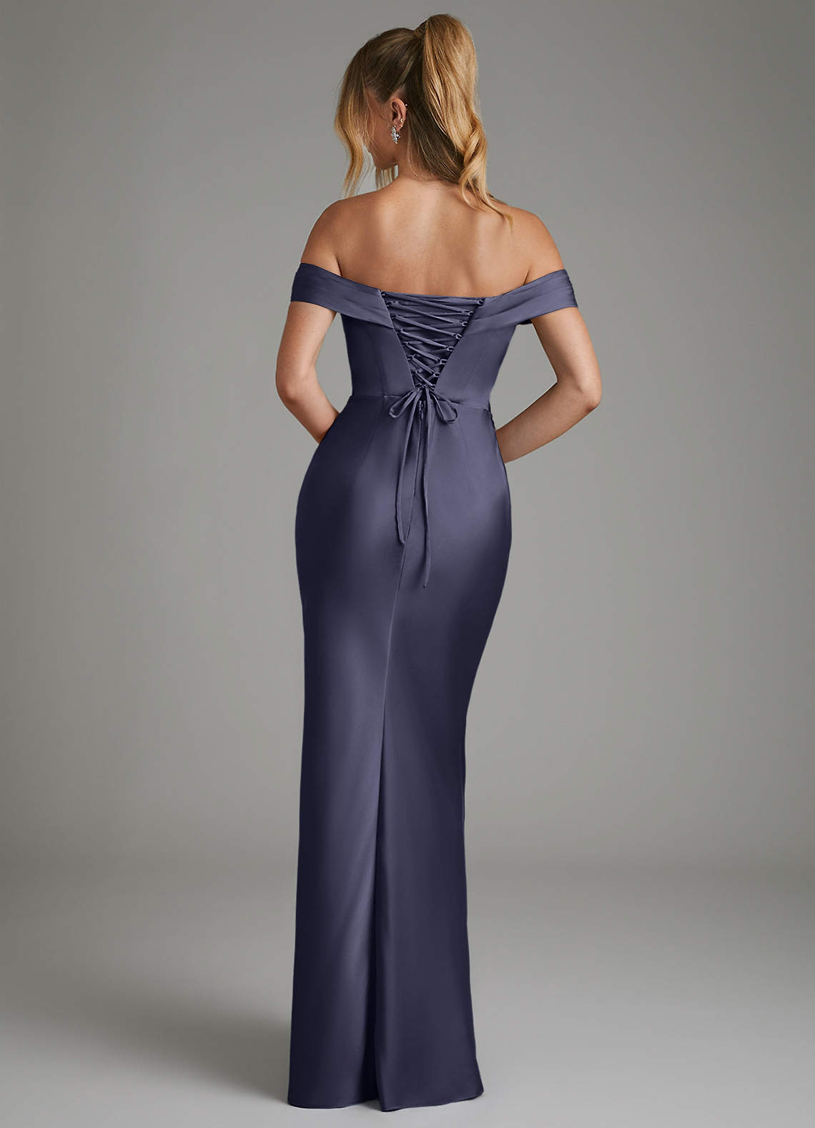 Hayden Mermaid Off-the-Shoulder Stretch Satin Bridesmaid Dress in Stormy