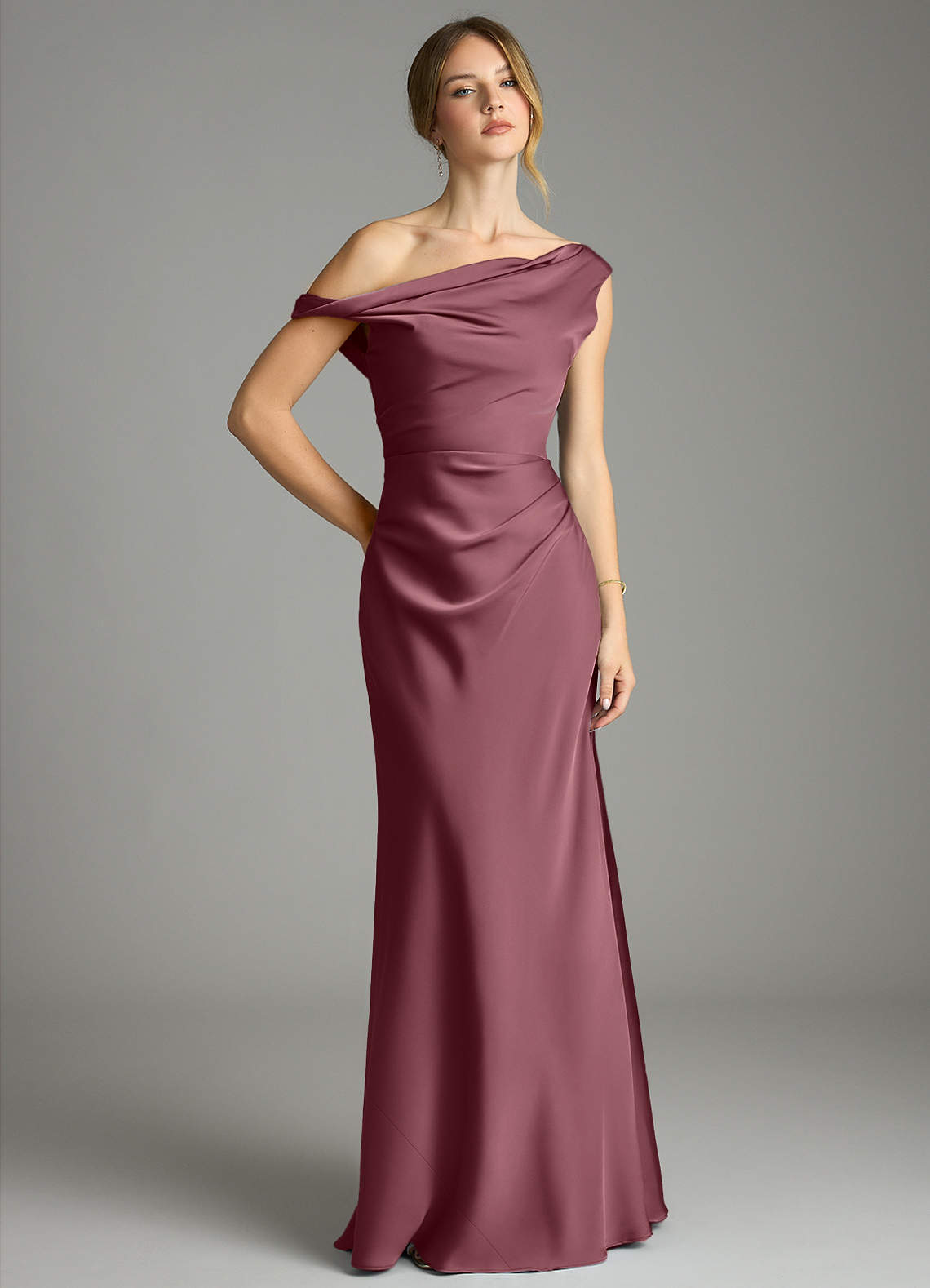 Emerson Mermaid One-Shoulder Stretch Satin Bridesmaid Dress in Desert Rose