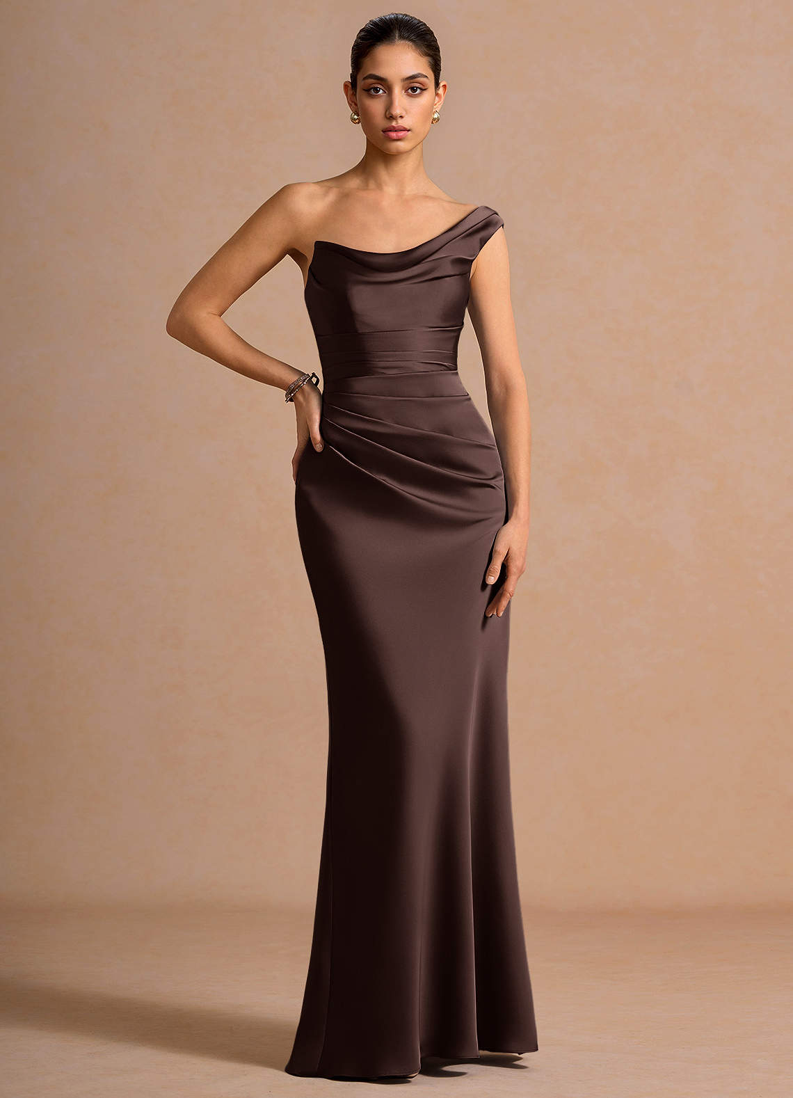 Cassiopeia One-Shoulder Draped Stretch Satin Evening Dress in Truffle