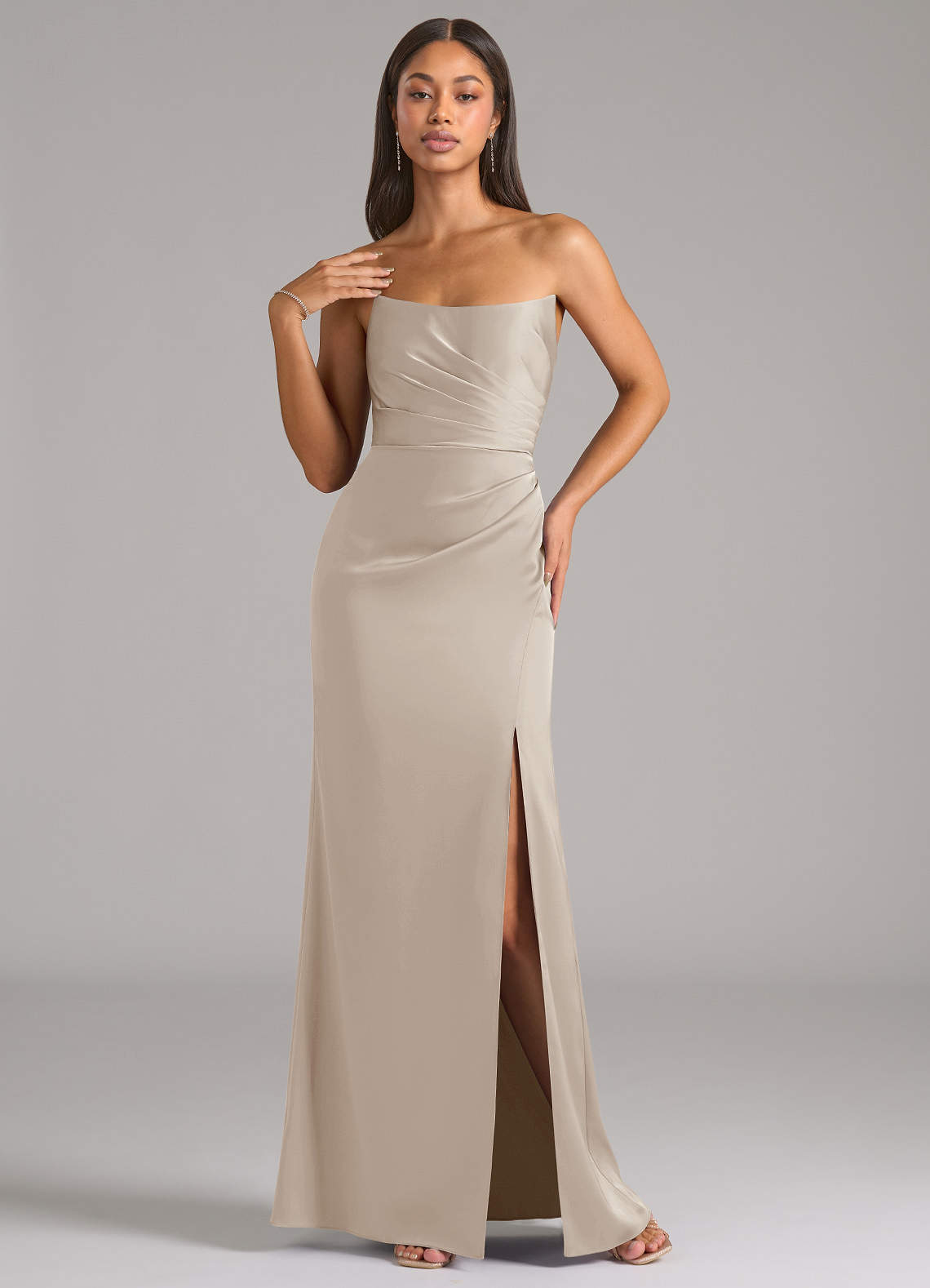 Marla Sheath Strapless Stretch Satin Bridesmaid Dress in Frost