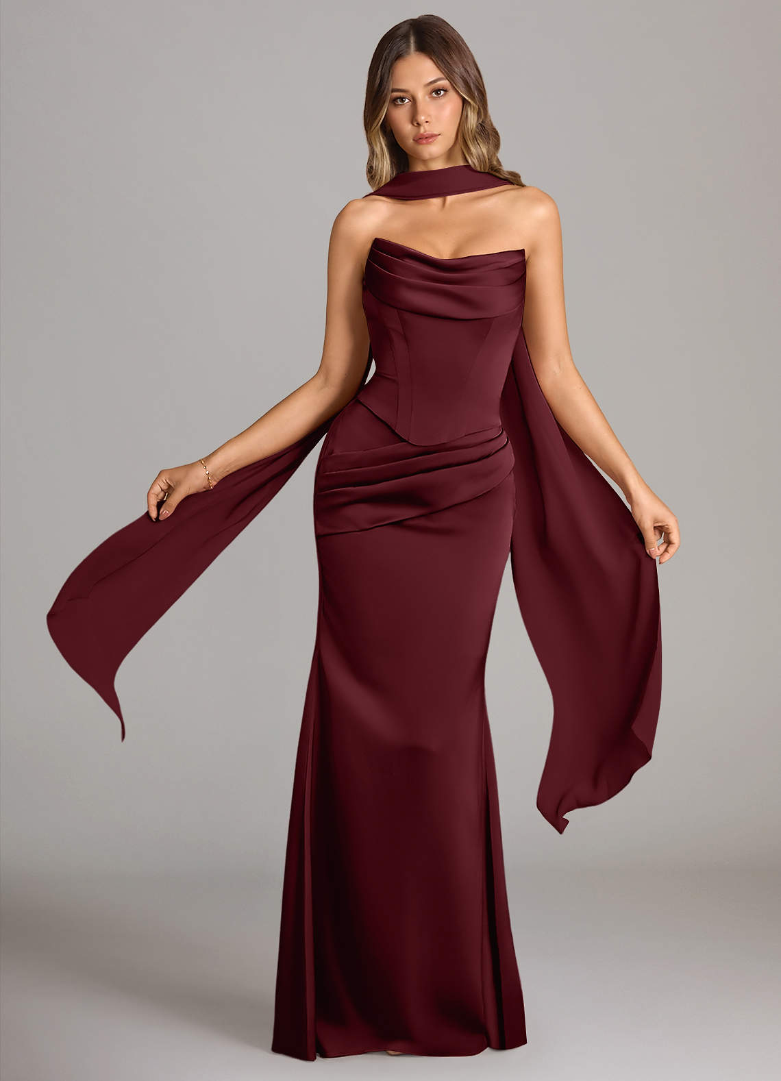 Sorrel Mermaid Corset Stretch Satin Evening Set in Haze Pink