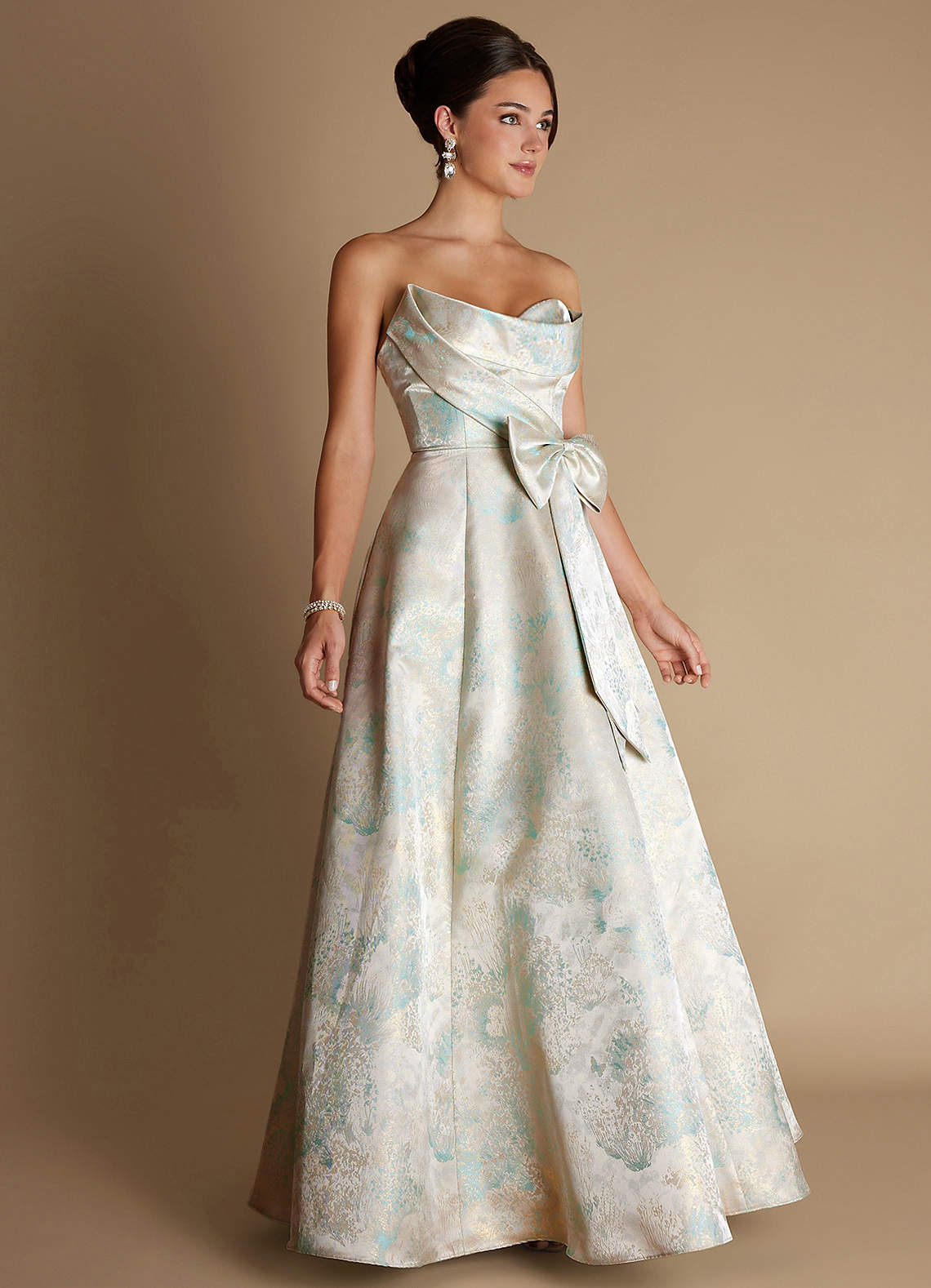 Alanis A-Line Strapless Brocade Evening Dress in Mint Pearl