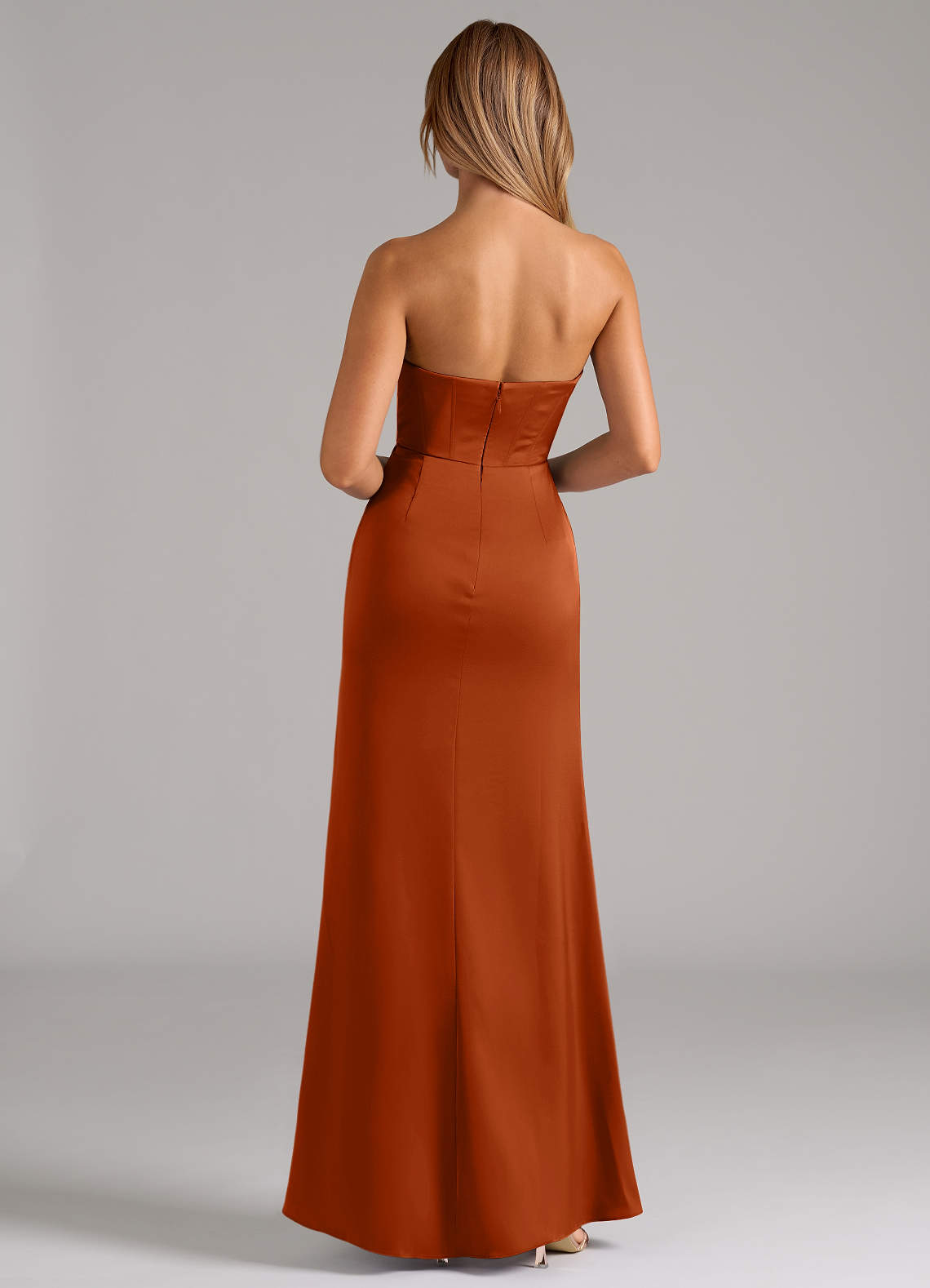 Johana Mermaid Off-the-Shoulder Stretch Satin Bridesmaid Dress in Burnt Orange