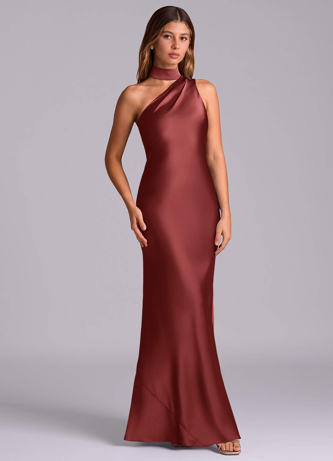 Seona Mermaid One-Shoulder Stretch Satin and Tulle Bridesmaid Dress in Terracotta