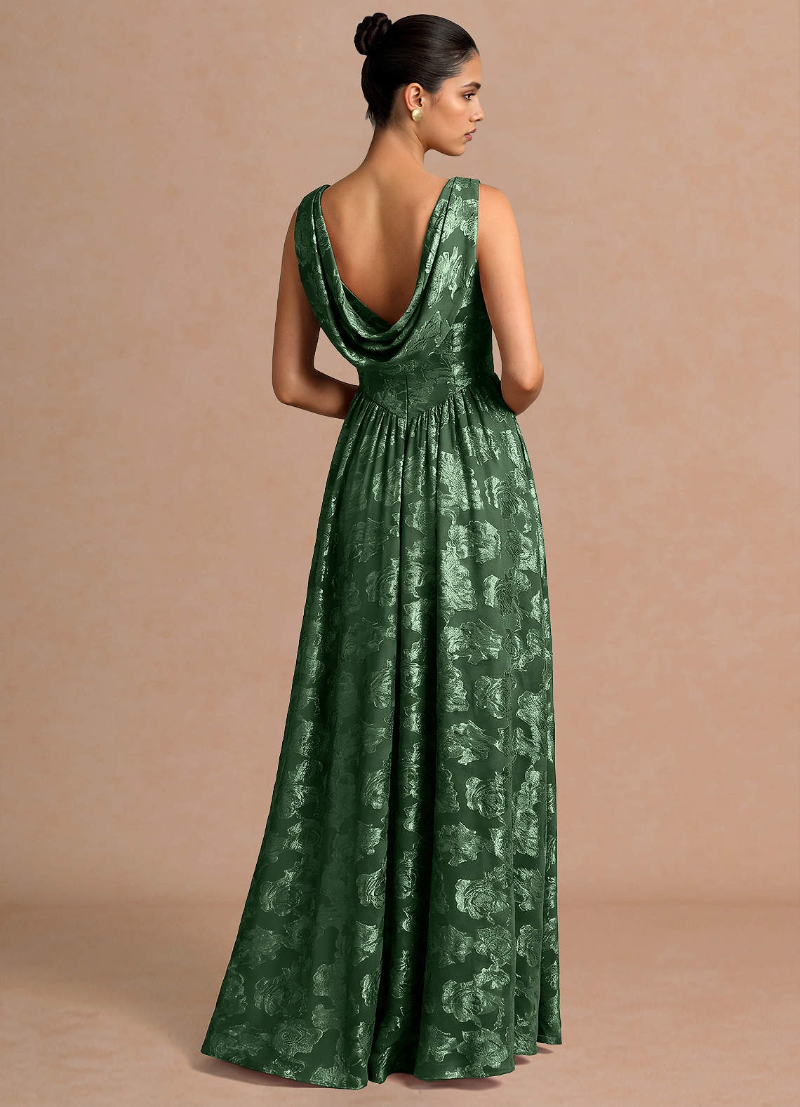Novi A-Line Draped-Neck Floral Fil Coupé Evening Dress in Eucalyptus