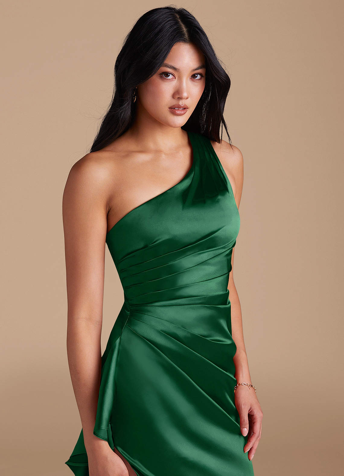 Latrice Sheath One-Shoulder Metallic Satin Bridesmaid Dress in Dark Green