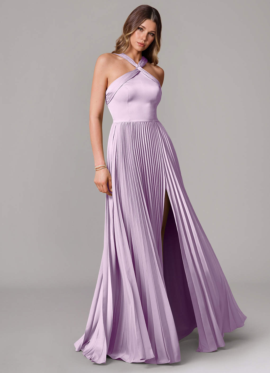 Afra A-Line Halter-Neck Stretch Satin Bridesmaid Dress in Frosted Lilac