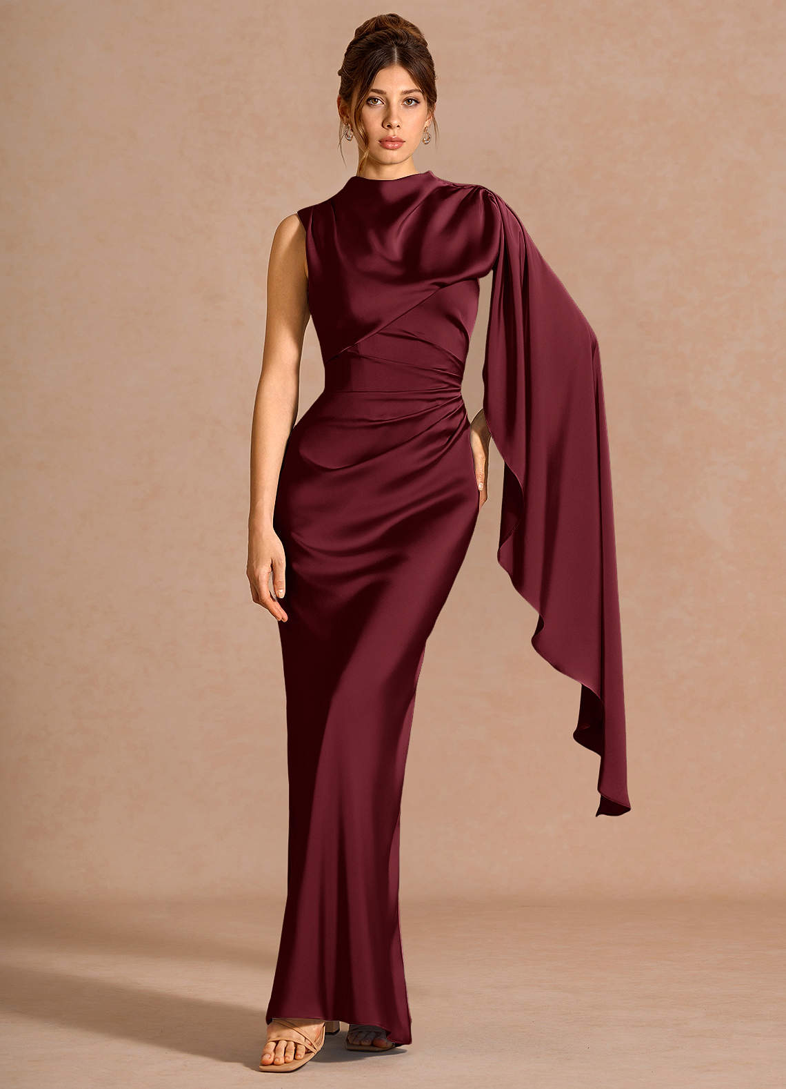 Chesney Cape-Sleeve Pleated Stretch Satin Wedding Guest Dress in Dusty Blue