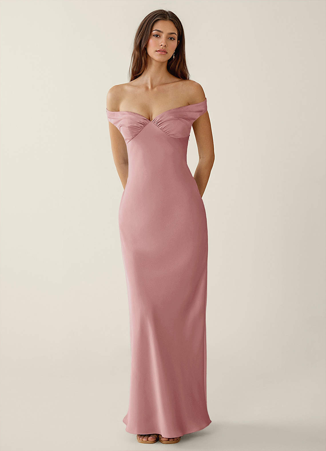 Gwendonme Sheath Off-the-Shoulder Satin Crystal Linen Evening Dress in Dusty Pink