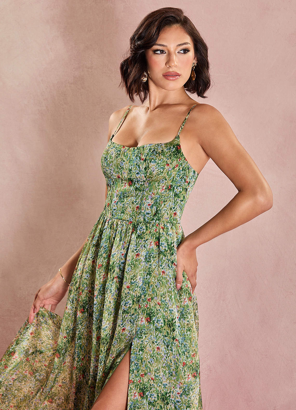 Lolla A-Line V-Neck Chiffon Wedding Guest Dress in Green Floral