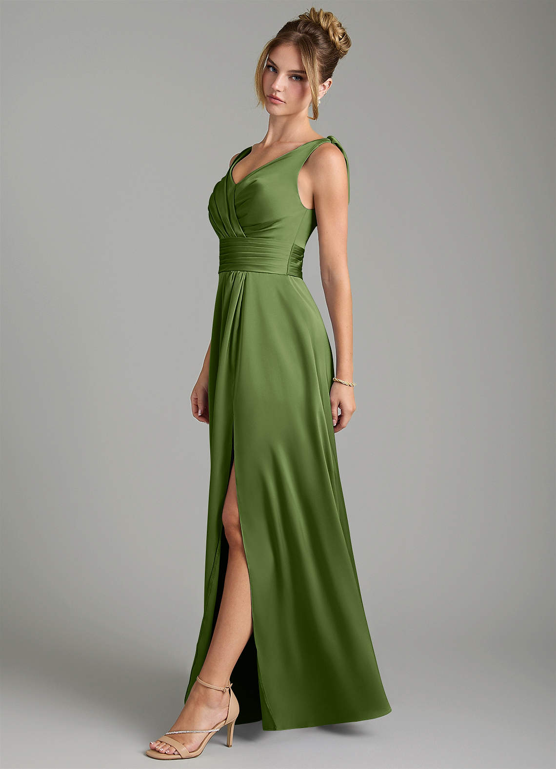 Karina A-Line V-Neck Stretch Satin Bridesmaid Dress in Juniper
