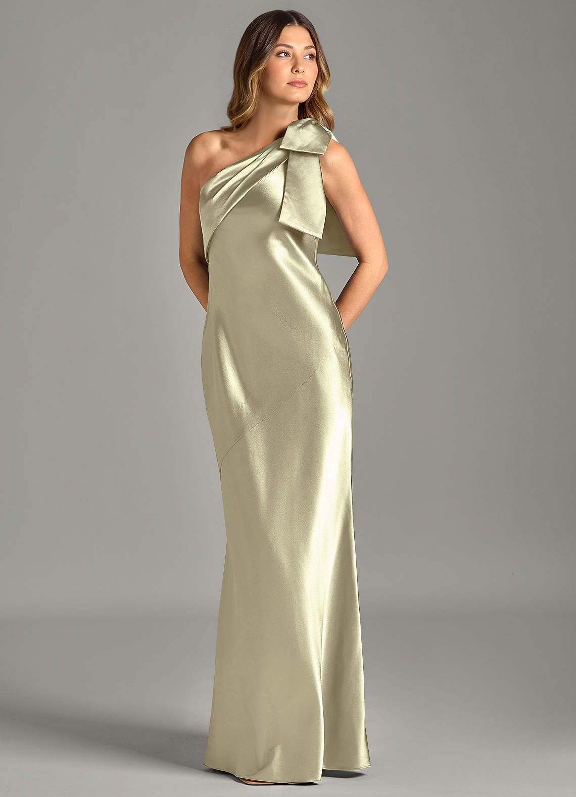 Yuanna Mermaid One-Shoulder Metallic Satin Bridesmaid Dress in Moss Green