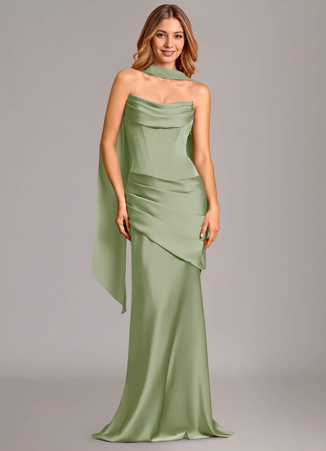 Pelagia Mermaid Cowl-Neck Stretch Satin Bridesmaid Dress in Dusty Sage