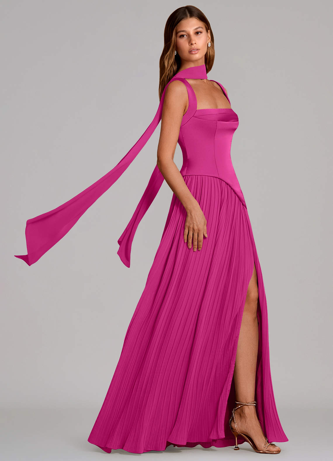 Stephanie A-Line Square-Neck Stretch Satin and Chiffon Bridesmaid Dress in Fuchsia