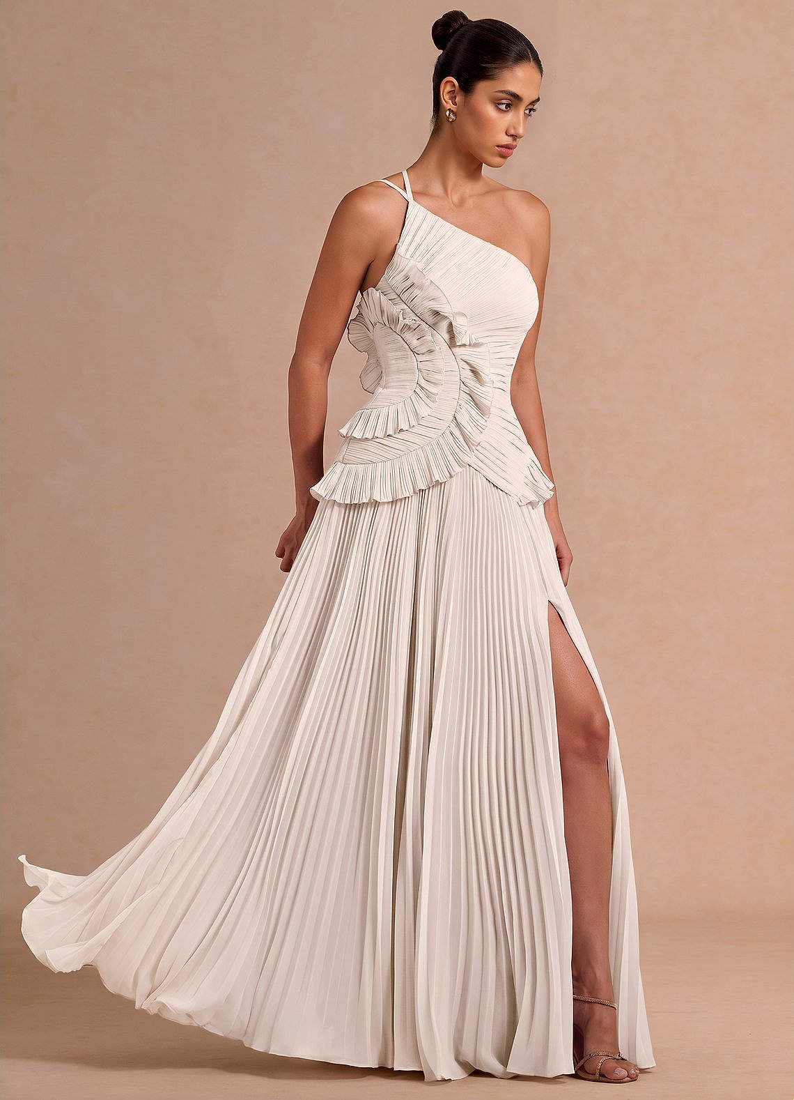 Melody A-Line One-Shoulder Chiffon Evening Dress in Cream
