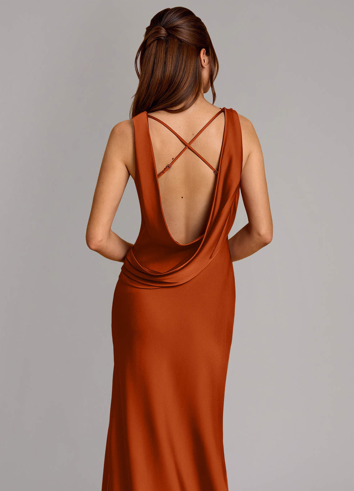 Cheryl Mermaid Cowl-Neck Stretch Satin Bridesmaid Dress in Burnt Orange