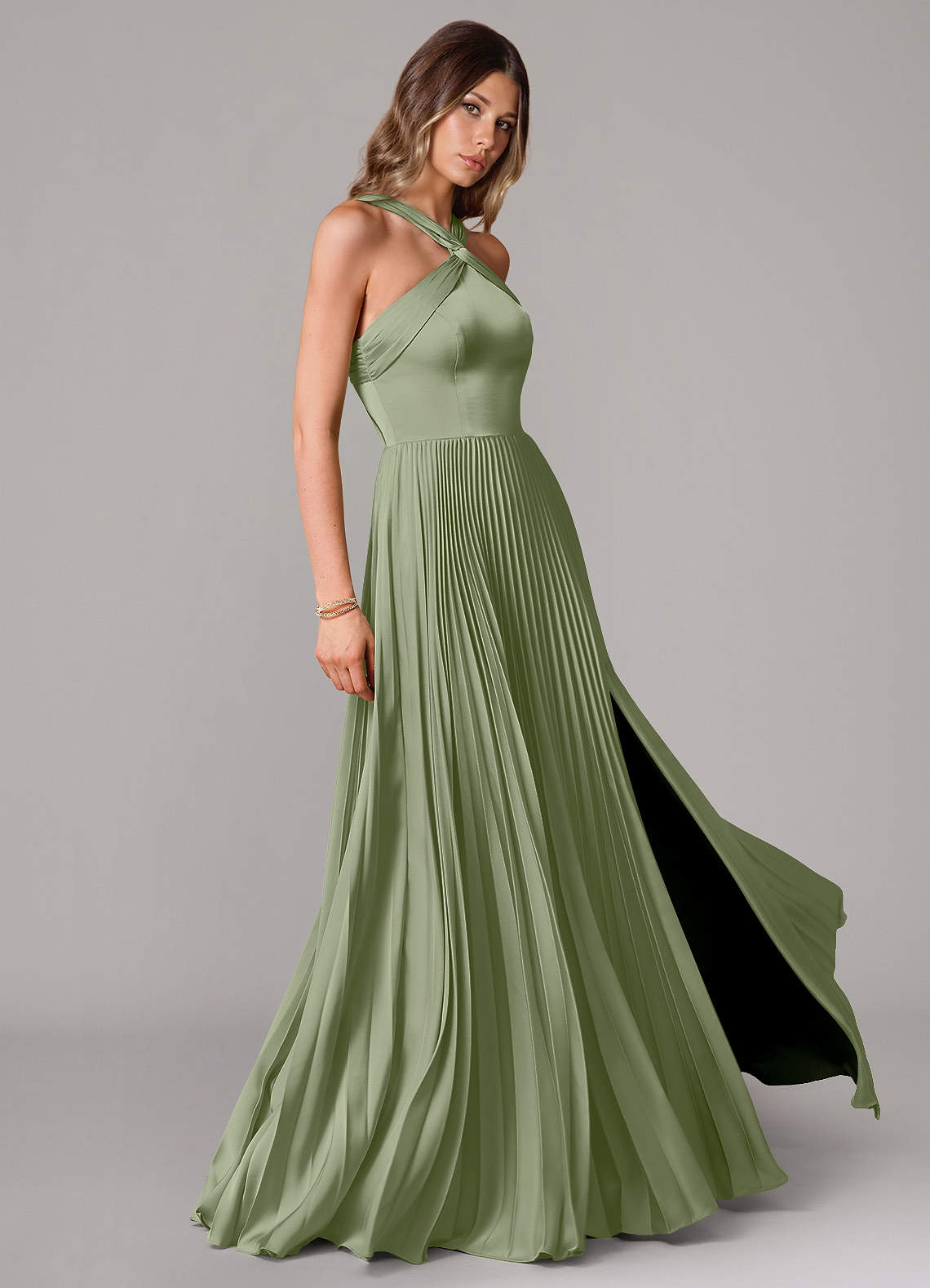 Afra A-Line Halter-Neck Stretch Satin Bridesmaid Dress in Pistachio