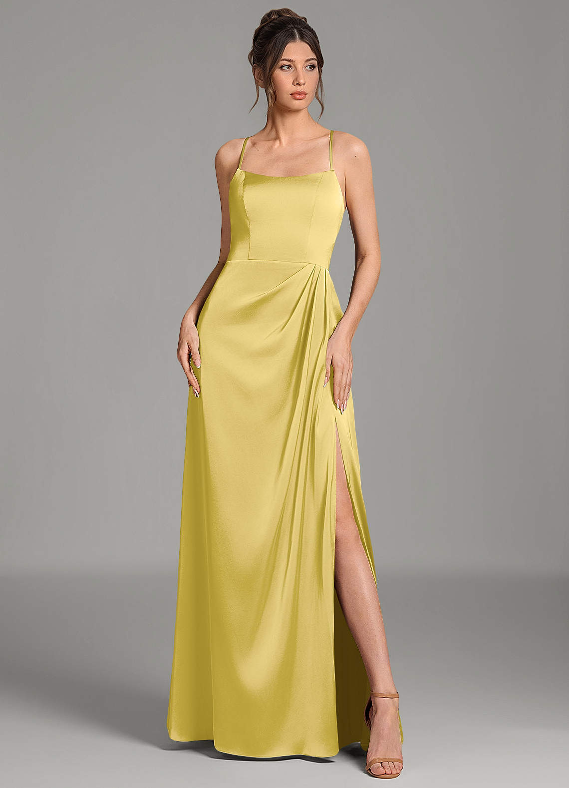 Frankie A-Line Scoop-Neck Stretch Satin Bridesmaid Dress in Canary