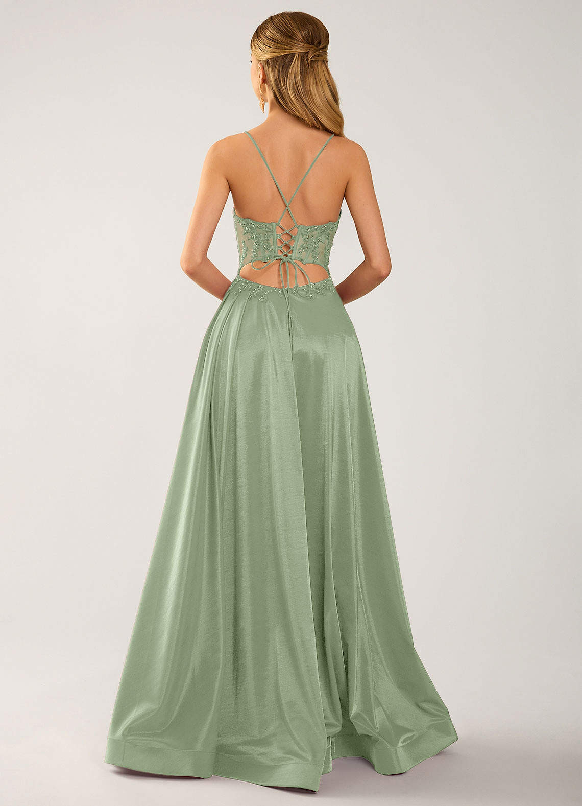 Isoldemark A-Line Sweetheart Satin Evening Dress in Sage