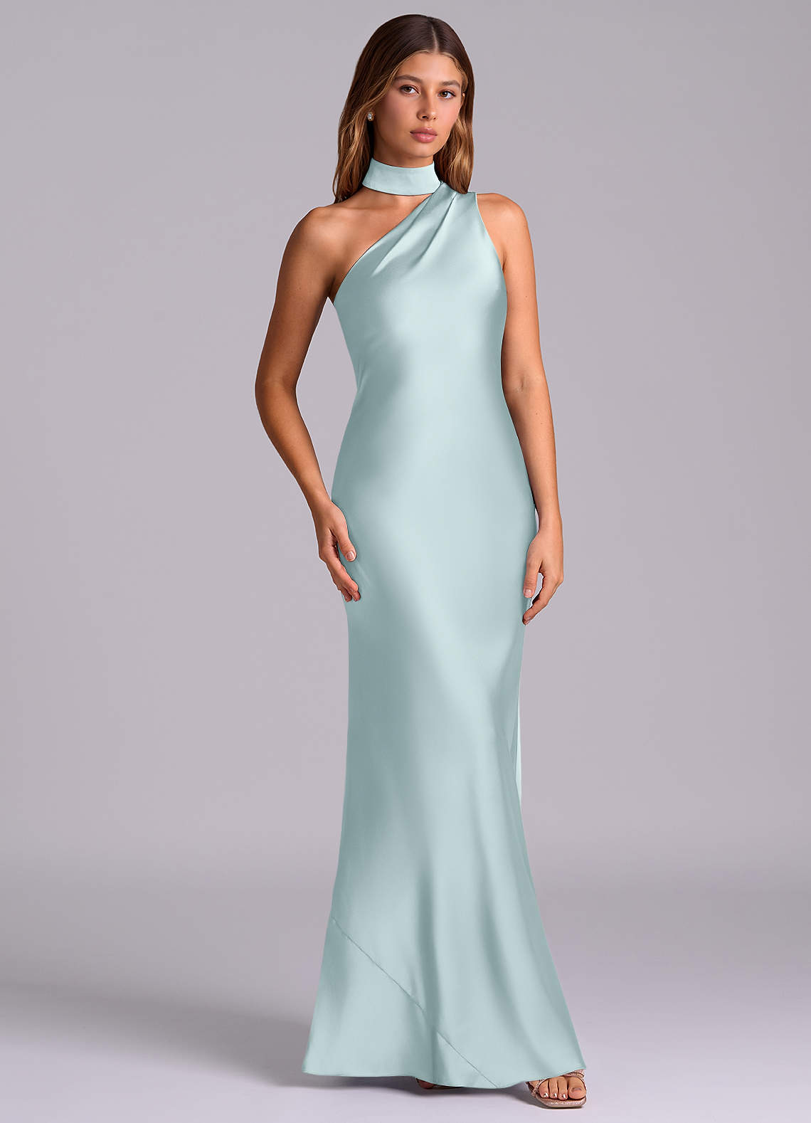 Seona Mermaid One-Shoulder Stretch Satin and Tulle Bridesmaid Dress in Mist