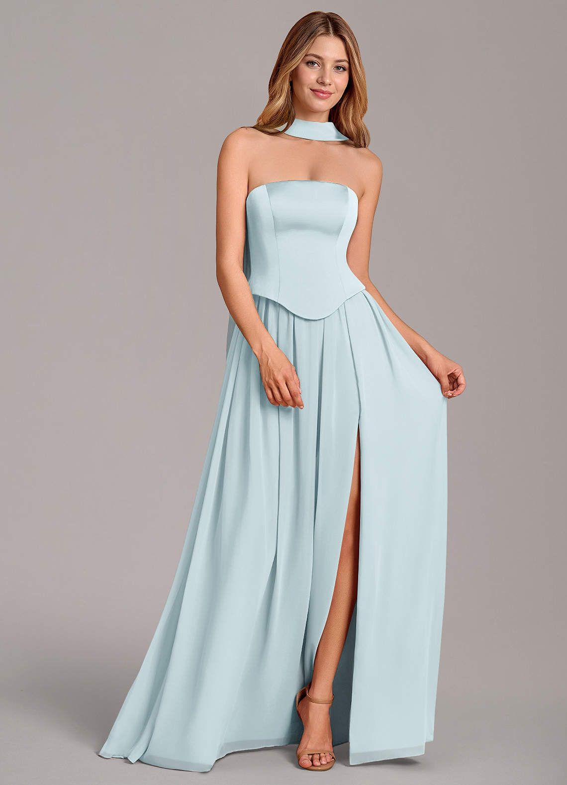 Cadence A-Line Strapless Chiffon and Stretch Satin Bridesmaid Dress in Mist
