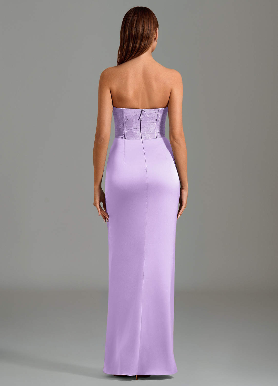 Emilia Mermaid Strapless Stretch Satin and Floral Burnout Bridesmaid Dress in Lilac