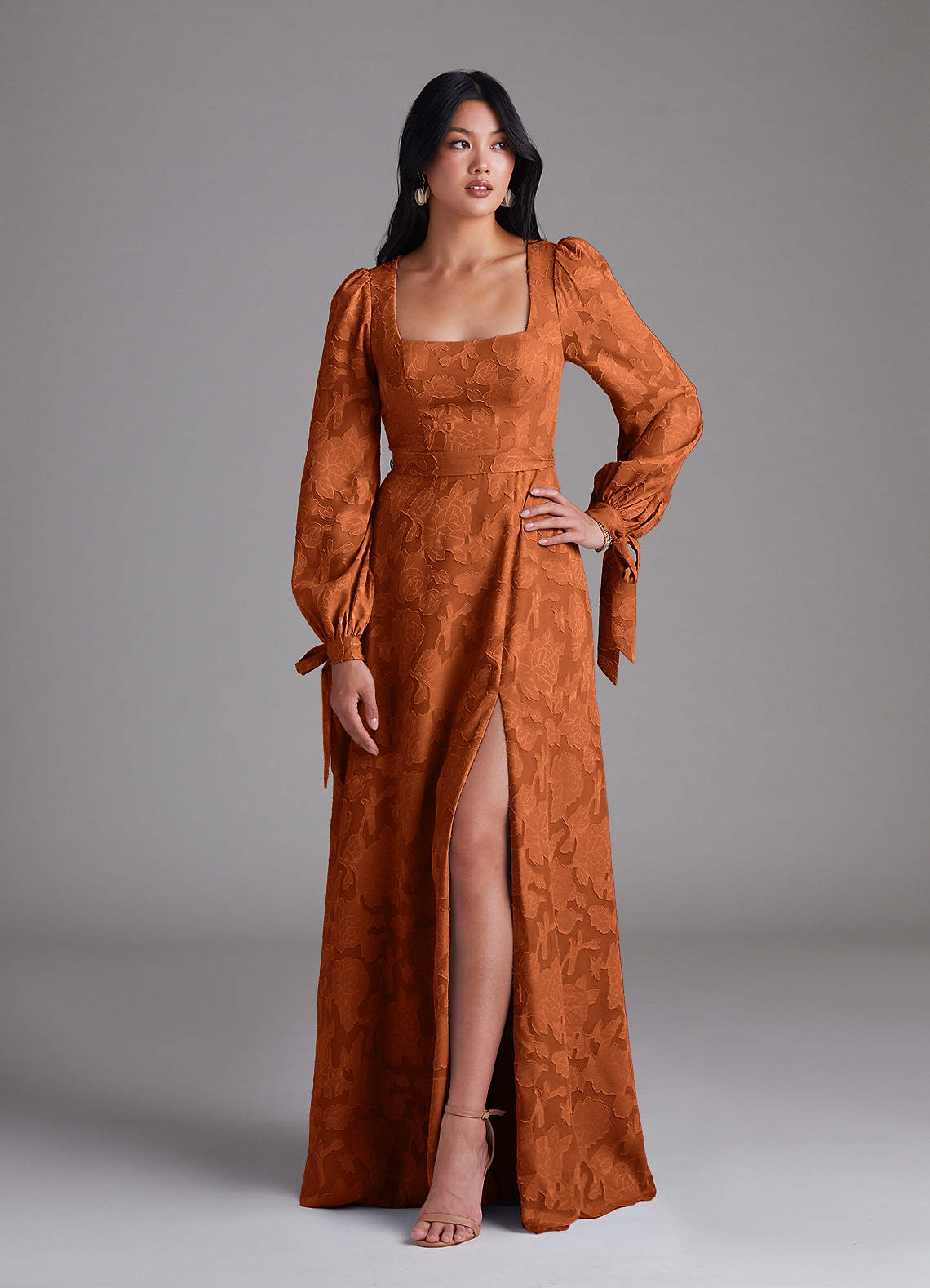 Leonia A-Line Square-Neck Stretch Satin Bridesmaid Dress in Burnt Orange